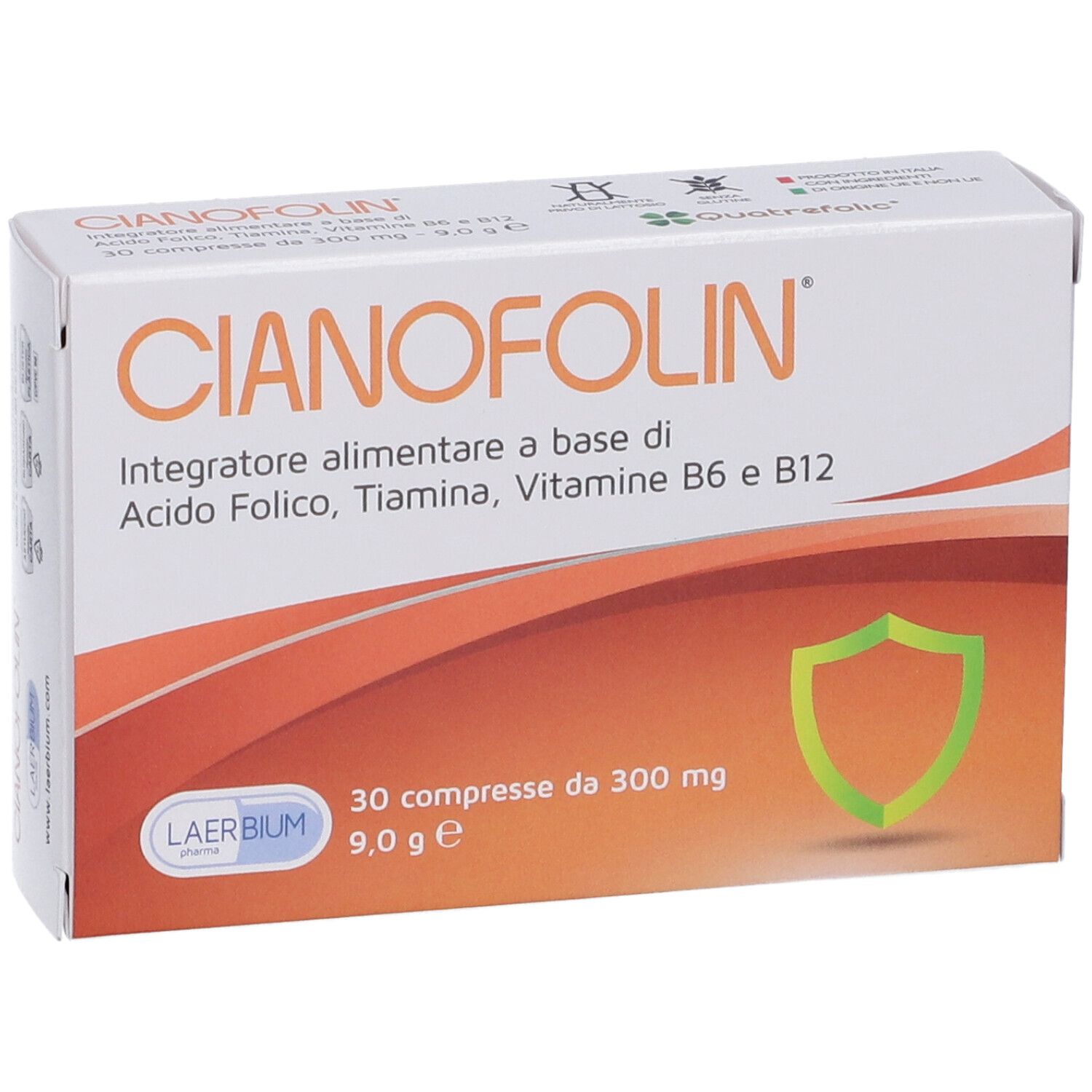 Scatola di compresse Cyanofolin, bianca con design arancione. Contiene 30 compresse. Marchio Laerbium.