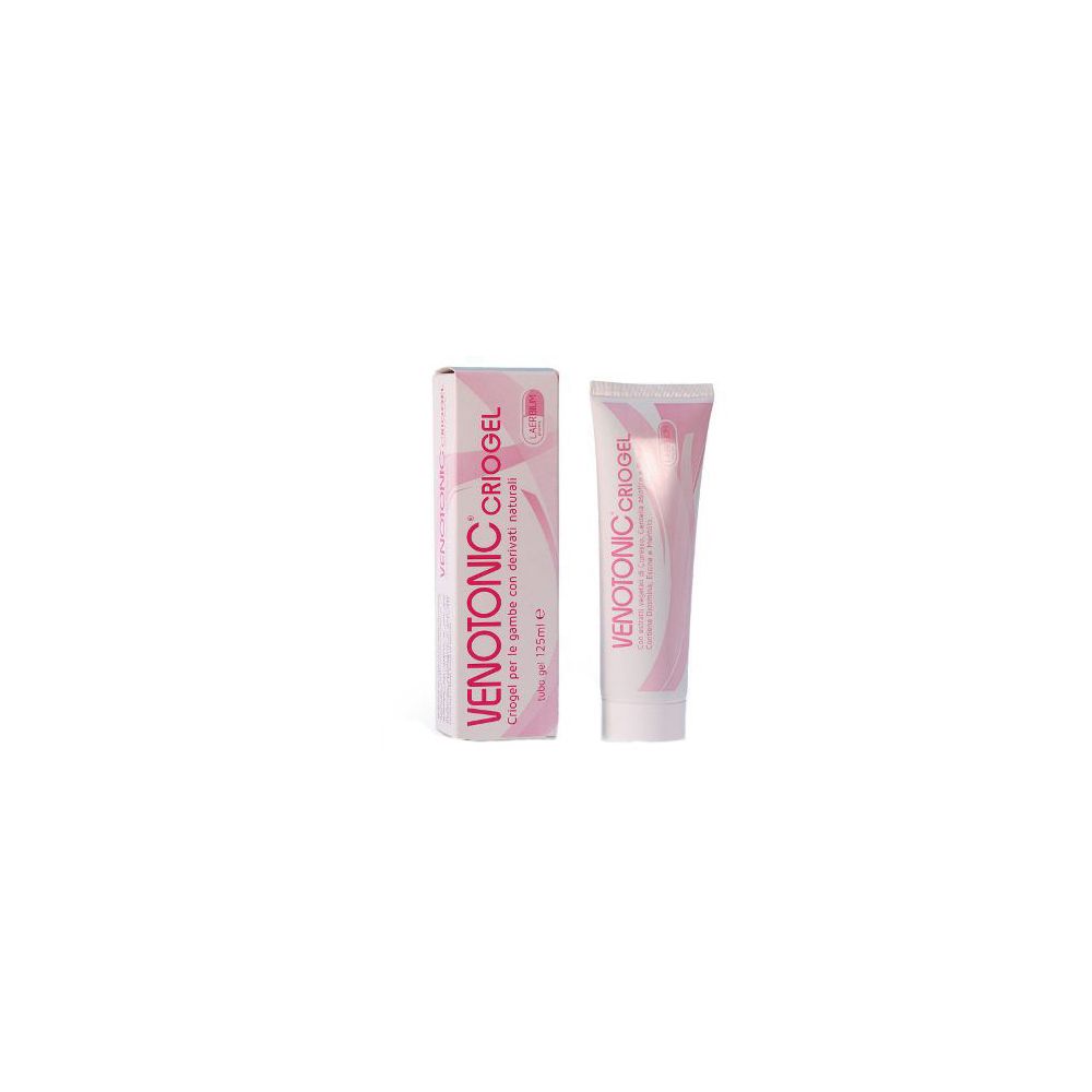Tube et boîte roses. Inscription : Venotonic Criogel. Gel pour les jambes avec dérivés naturels. 125 ml.