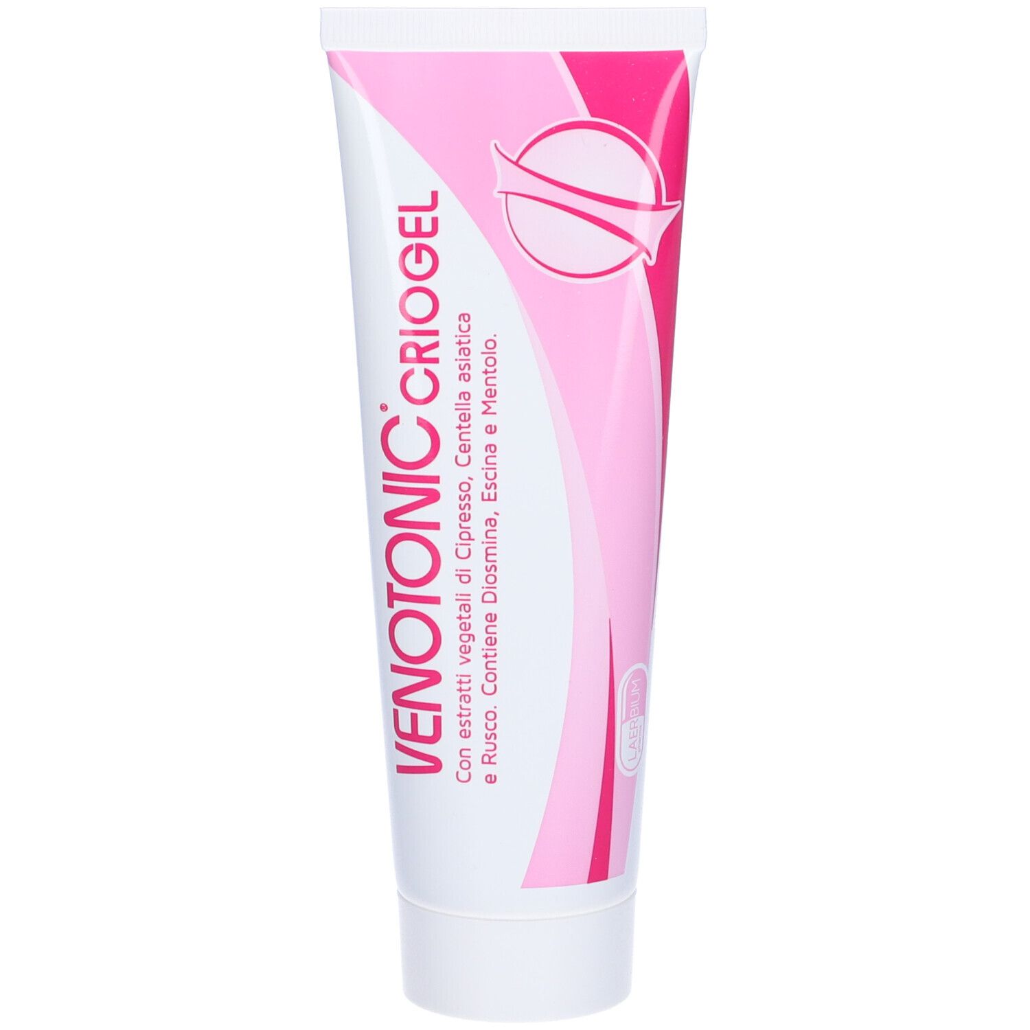 Tube rose. Inscription : Venotonic Criogel. Avec extraits végétaux. Contient diosmine, escine et menthol.