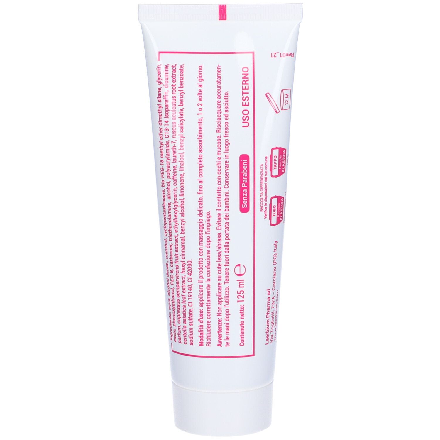 Dos du tube. Inscription : ingrédients, mode d'emploi, 125 ml. Sans parabènes. Pour usage externe.