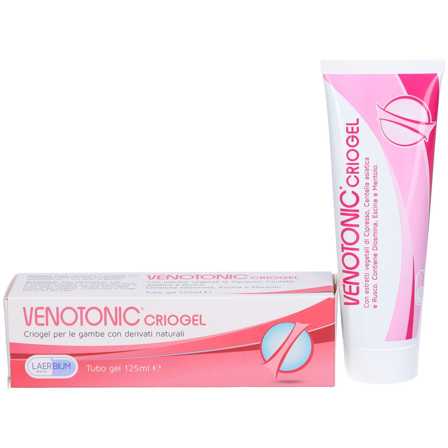 Tube et boîte. Inscription : Venotonic Criogel. Gel pour les jambes avec dérivés naturels. 125 ml.