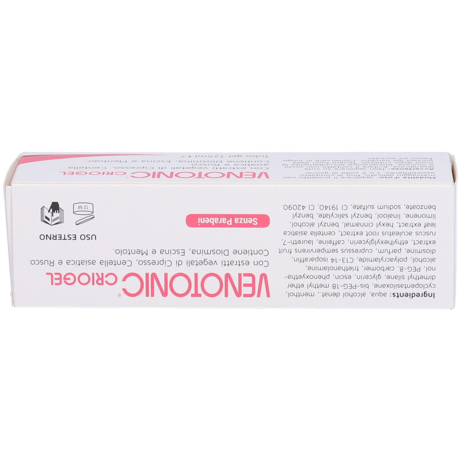 Boîte. Inscription : Venotonic Criogel. Ingrédients, mode d'emploi, 125 ml. Pour usage externe.