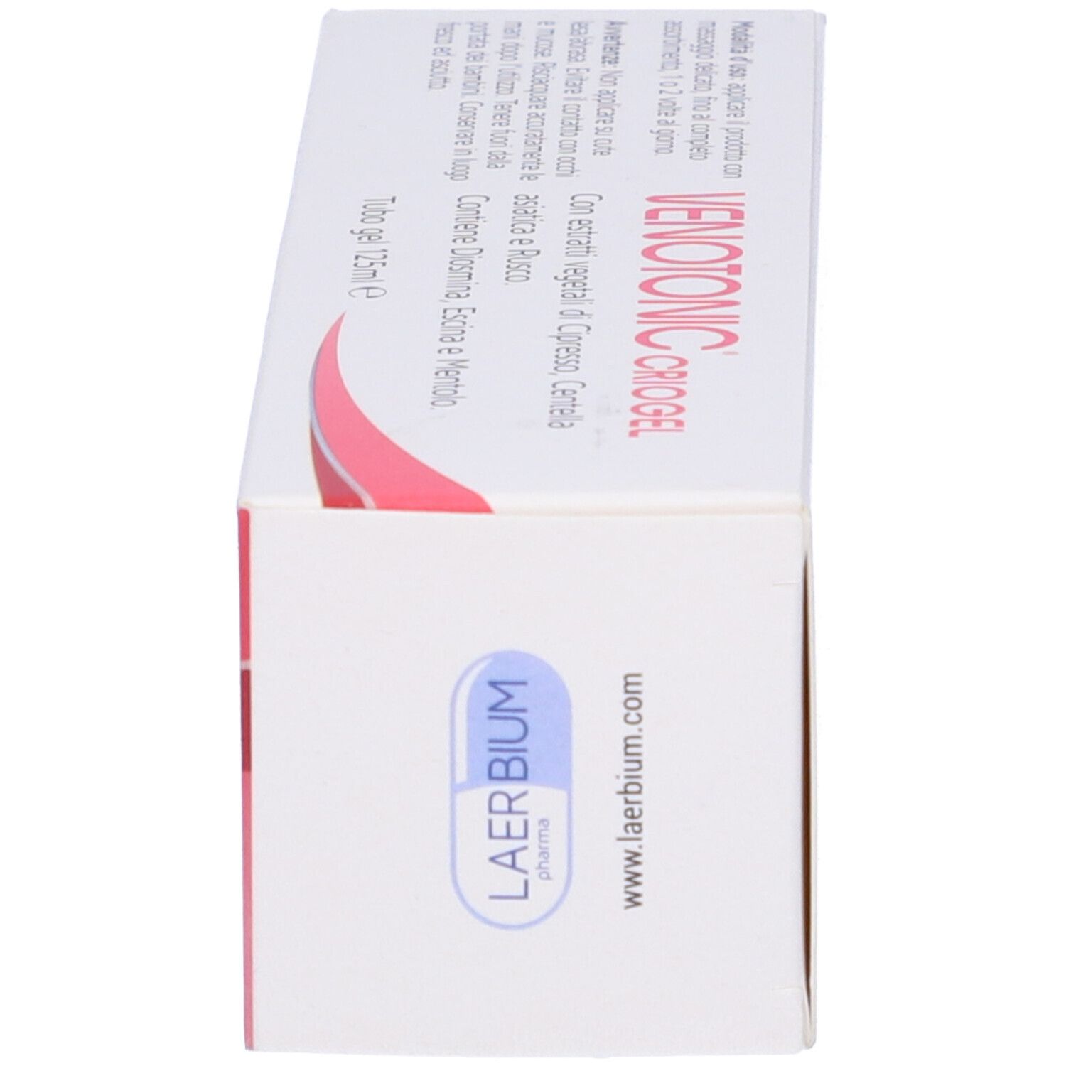 Boîte. Inscription : Venotonic Criogel. LaerBium Pharma. www.laerbium.com. 125 ml.