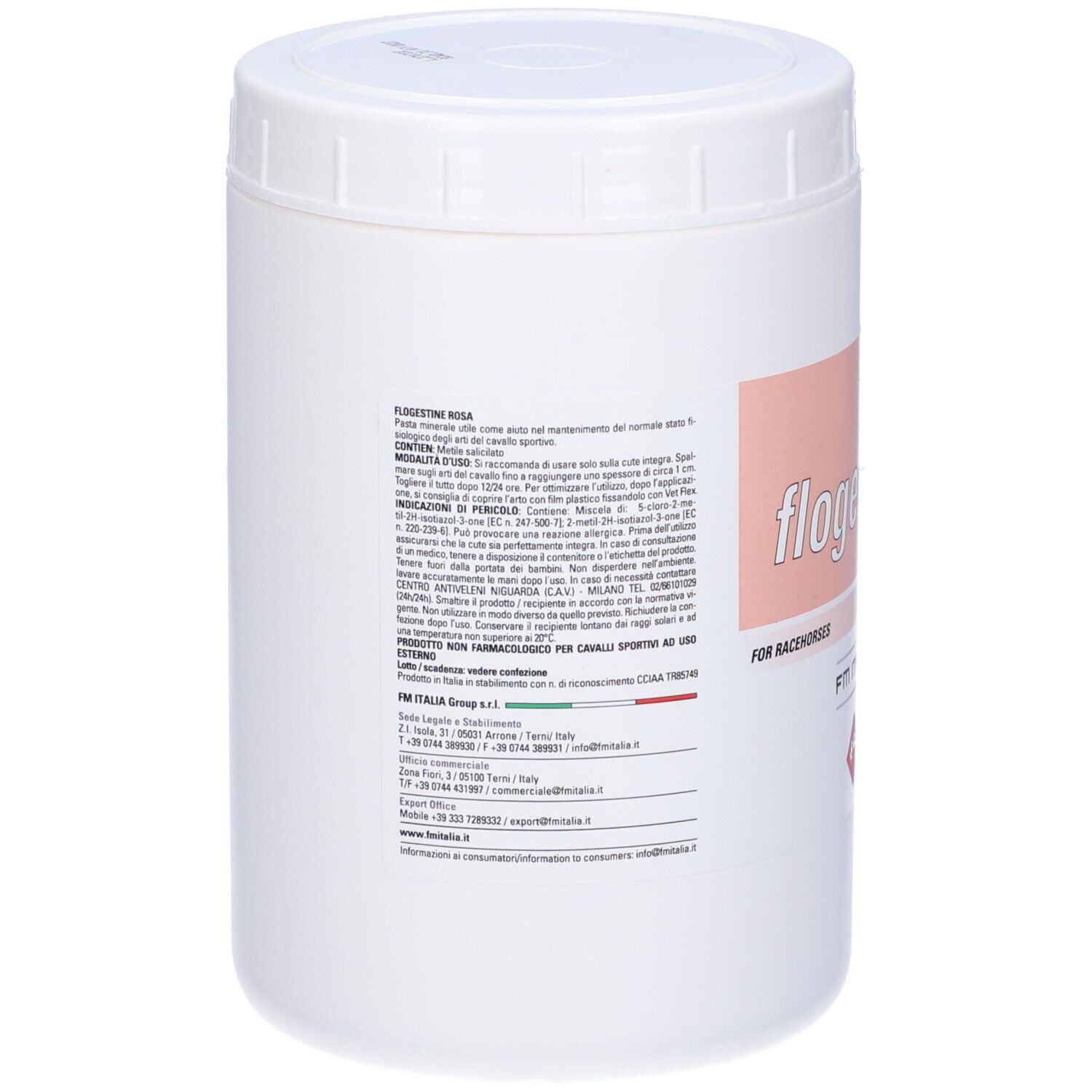 Contenitore bianco con testo ed etichetta rosa. Scritta Flogestina Rosa. Testo: For racehorses, FM Italia.