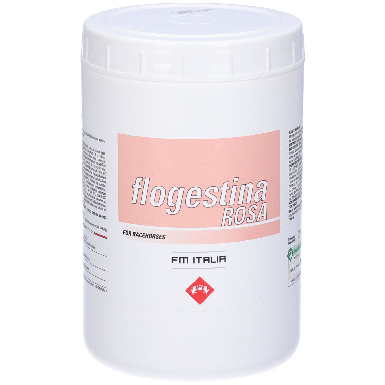 Contenitore bianco con etichetta rosa. Scritta Flogestina Rosa. Testo: For racehorses, FM Italia.