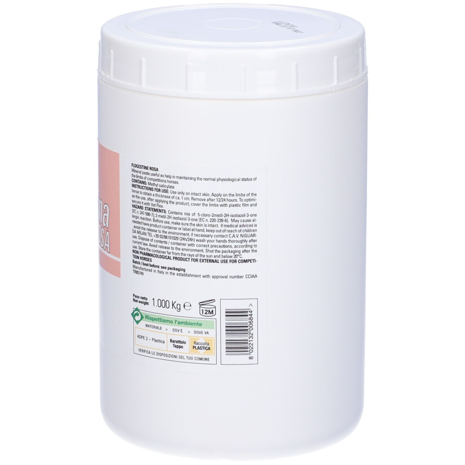 Contenitore bianco con testo ed etichetta rosa. Scritta Flogestina Rosa. Testo: 1.000 kg, 12M.
