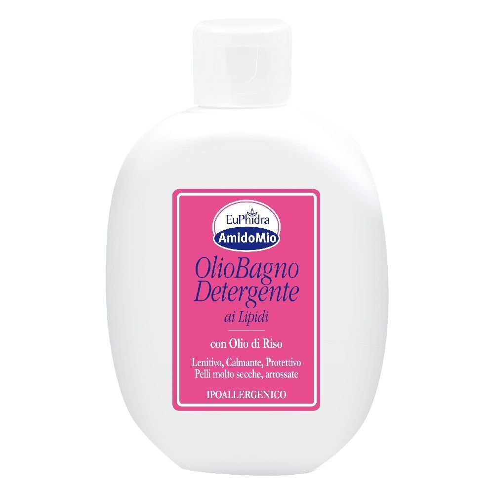 Weiße Flasche mit rosa Etikett. Enthält EuPhirda AmidoMio Öl. Text: OlioBagno Detergente, mit Reisöl, hypoallergen.