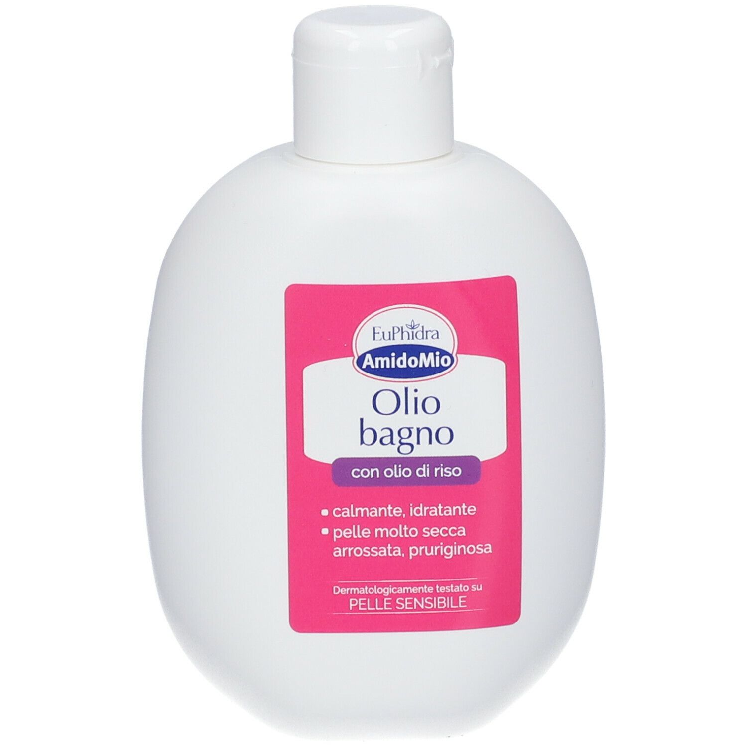 Weiße Flasche mit rosa Etikett. Enthält EuPhirda AmidoMio Öl. Text: Olio bagno, mit Reisöl, für empfindliche Haut.