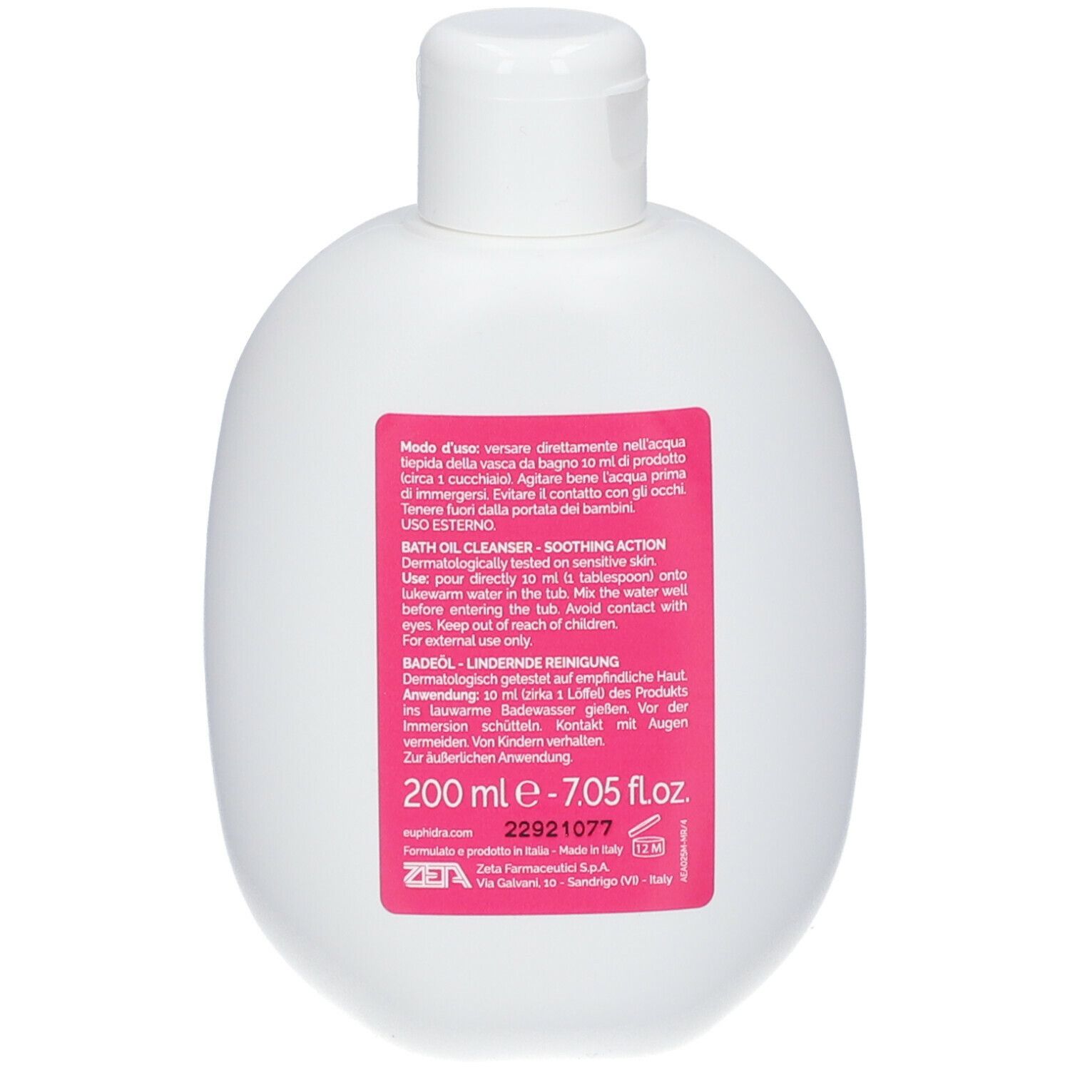 Rückseite einer weißen Flasche mit rosa Etikett. Text: Badöl-Reinigung, 200 ml, Inhaltsstoffe, Anwendungshinweise.