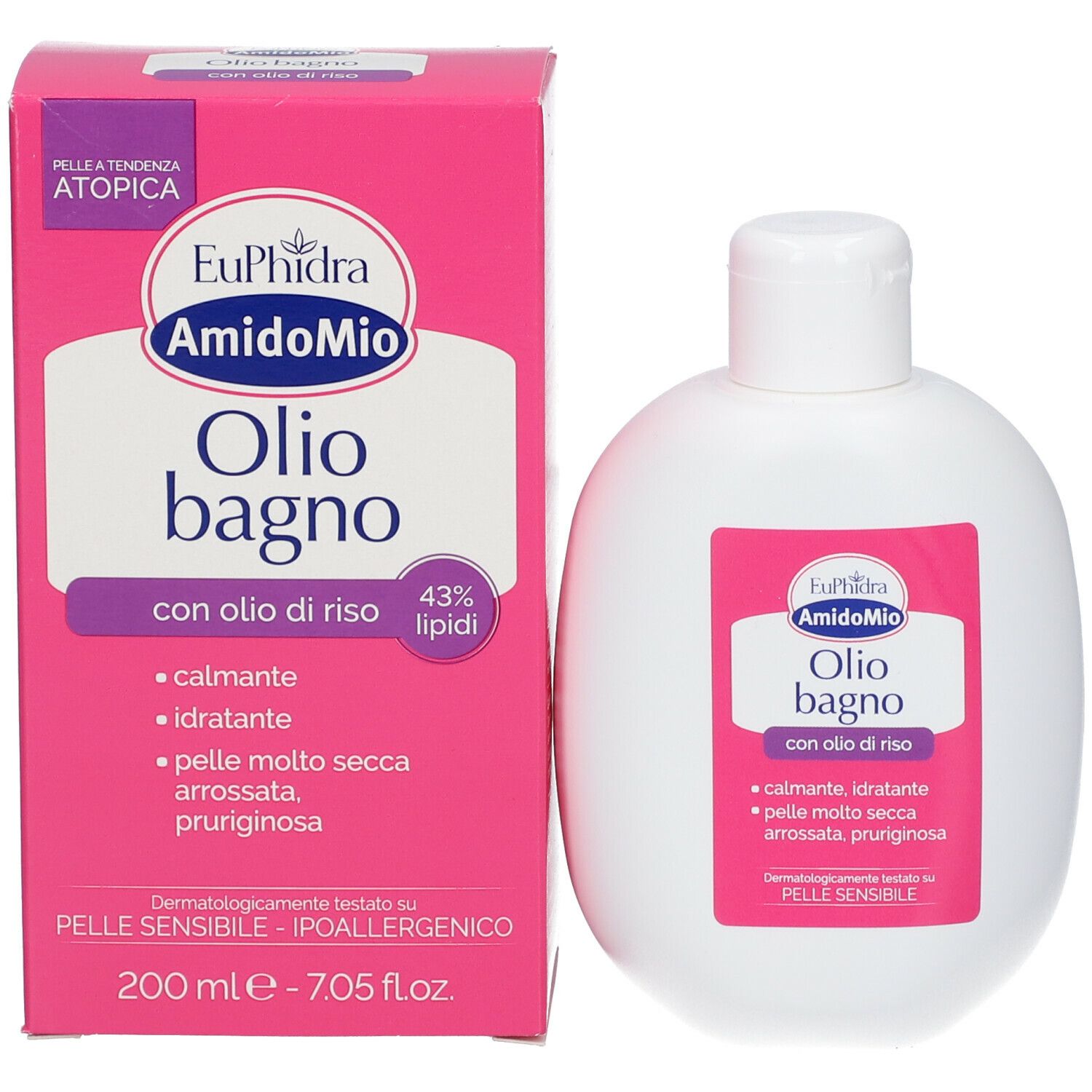 Produktverpackung und Flasche. Rosa Karton mit weißer Flasche. Text: EuPhirda AmidoMio Olio bagno, mit Reisöl, 200 ml.