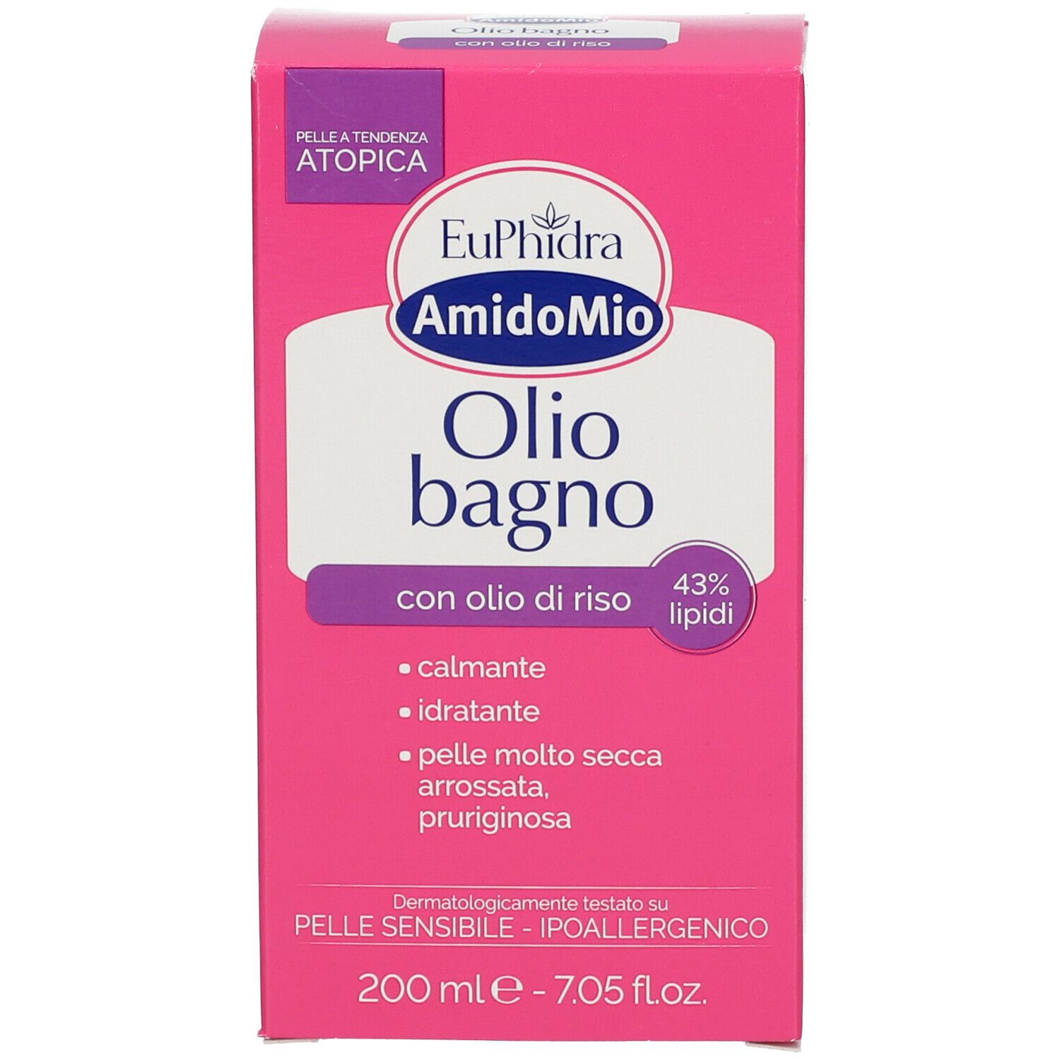 Rosa Karton mit Produktnamen und Inhaltsstoffen. Text: EuPhirda AmidoMio Olio bagno, mit Reisöl, 200 ml, 43% Lipide.