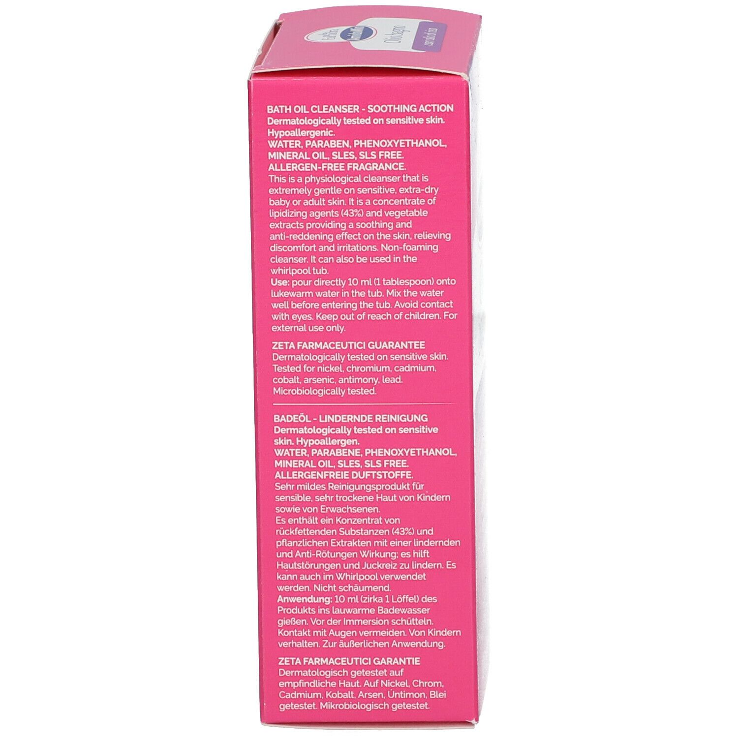 Rückseite der Produktverpackung. Text: Badöl-Reinigung, Inhaltsstoffe, Anwendungshinweise, 200 ml, dermatologisch getestet.