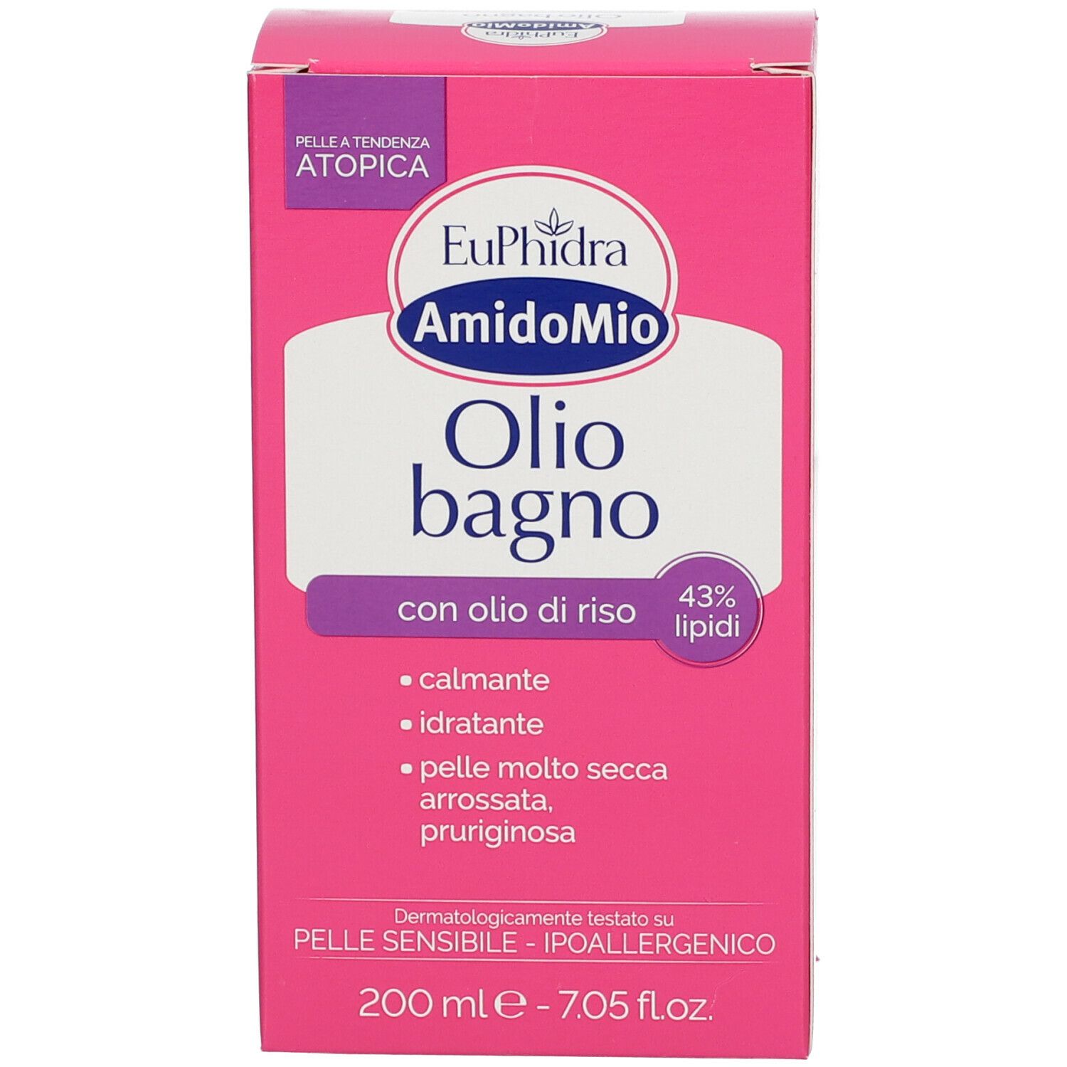 Rosa Karton mit Produktnamen und Inhaltsstoffen. Text: EuPhirda AmidoMio Olio bagno, mit Reisöl, 200 ml, 43% Lipide.