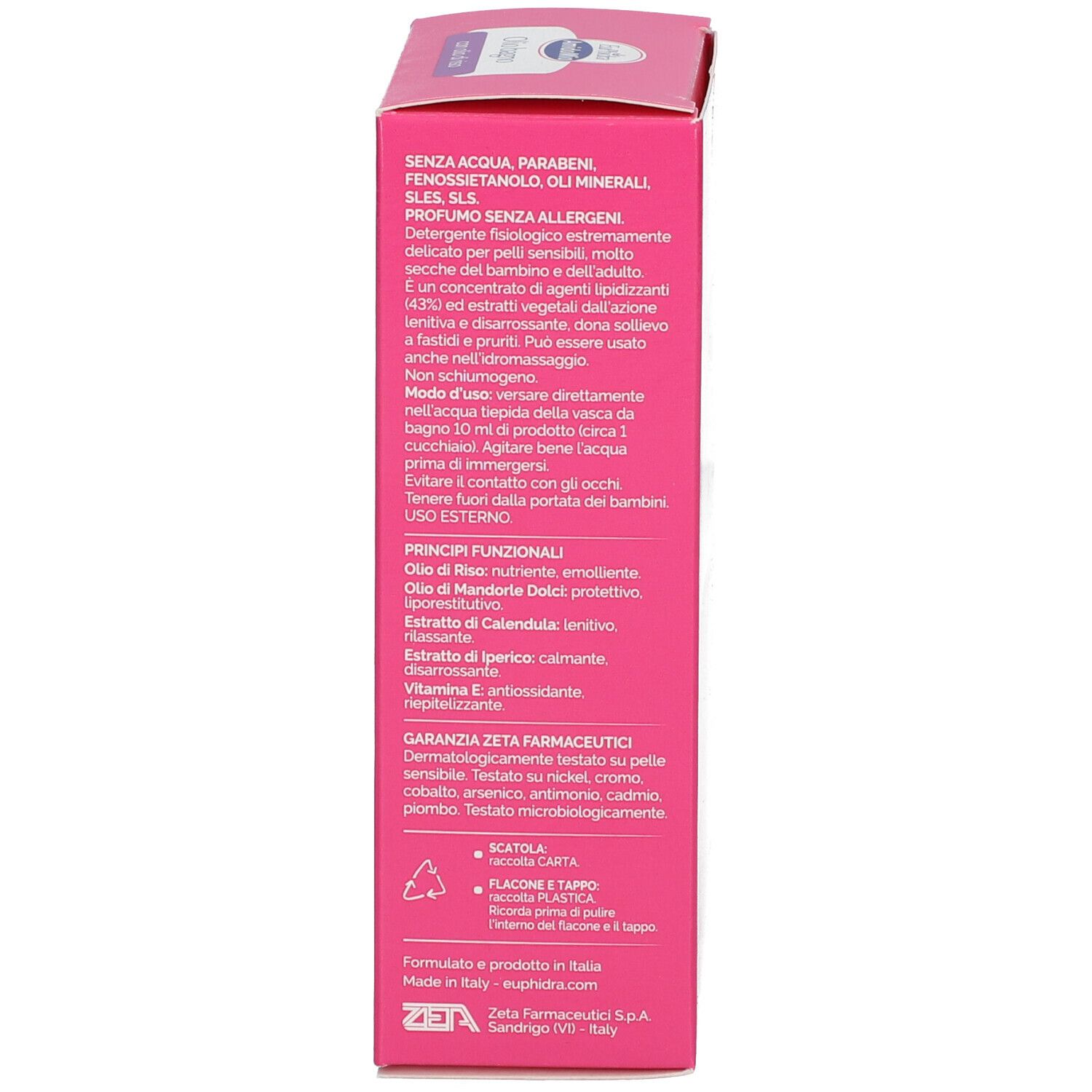 Seite der Produktverpackung. Text: Inhaltsstoffe, Anwendungshinweise, 200 ml, dermatologisch getestet, hergestellt in Italien.