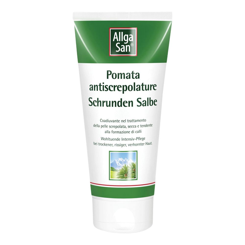Creme-Tube, weiß mit grünem Deckel und Streifen. Beschriftung: Allga San, Pomata antiscrepolature, Schründen Salbe.