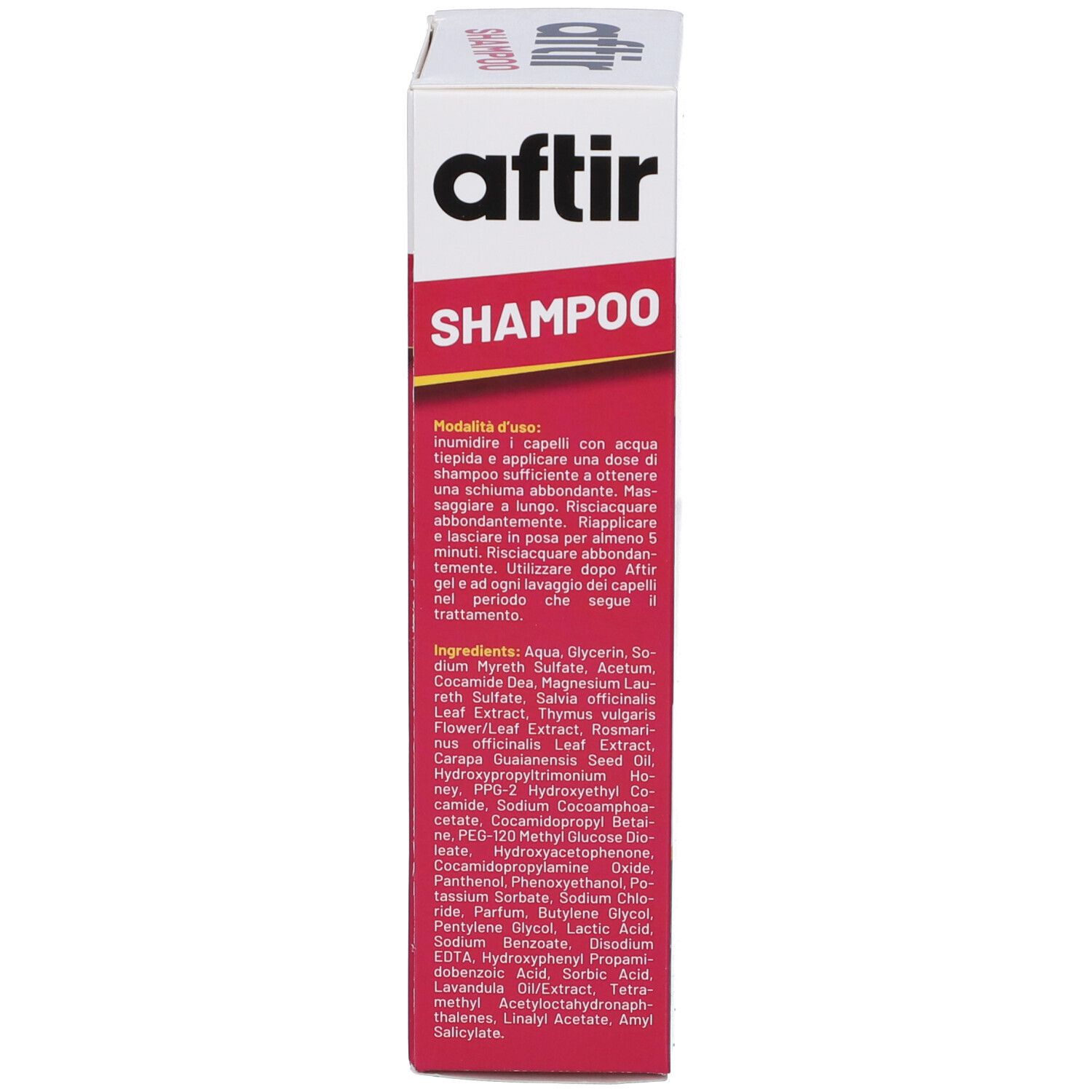 Aftir Shampoo Karton mit Anwendungshinweisen und Inhaltsstoffen.