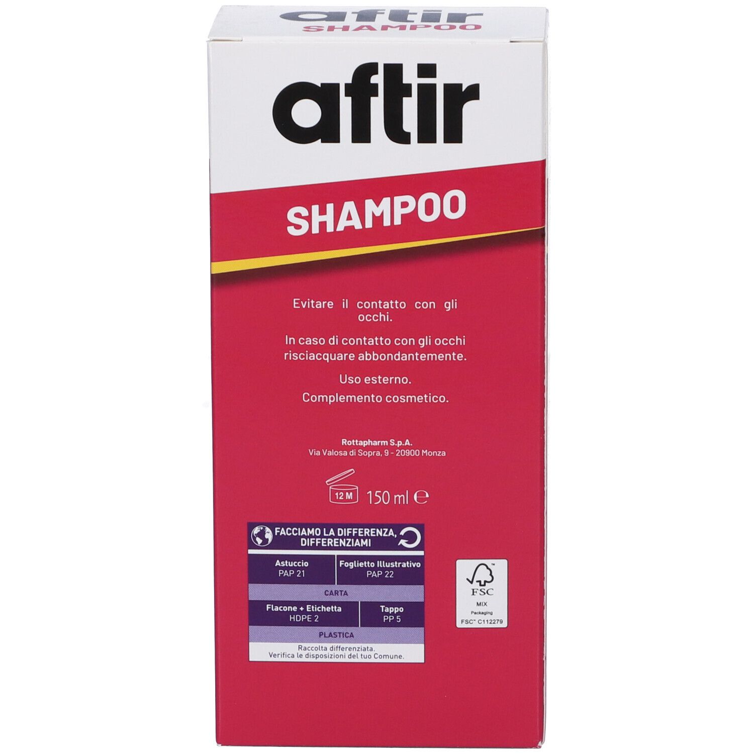 Aftir Shampoo 150ml Box mit Warnhinweisen und Recycling-Informationen.