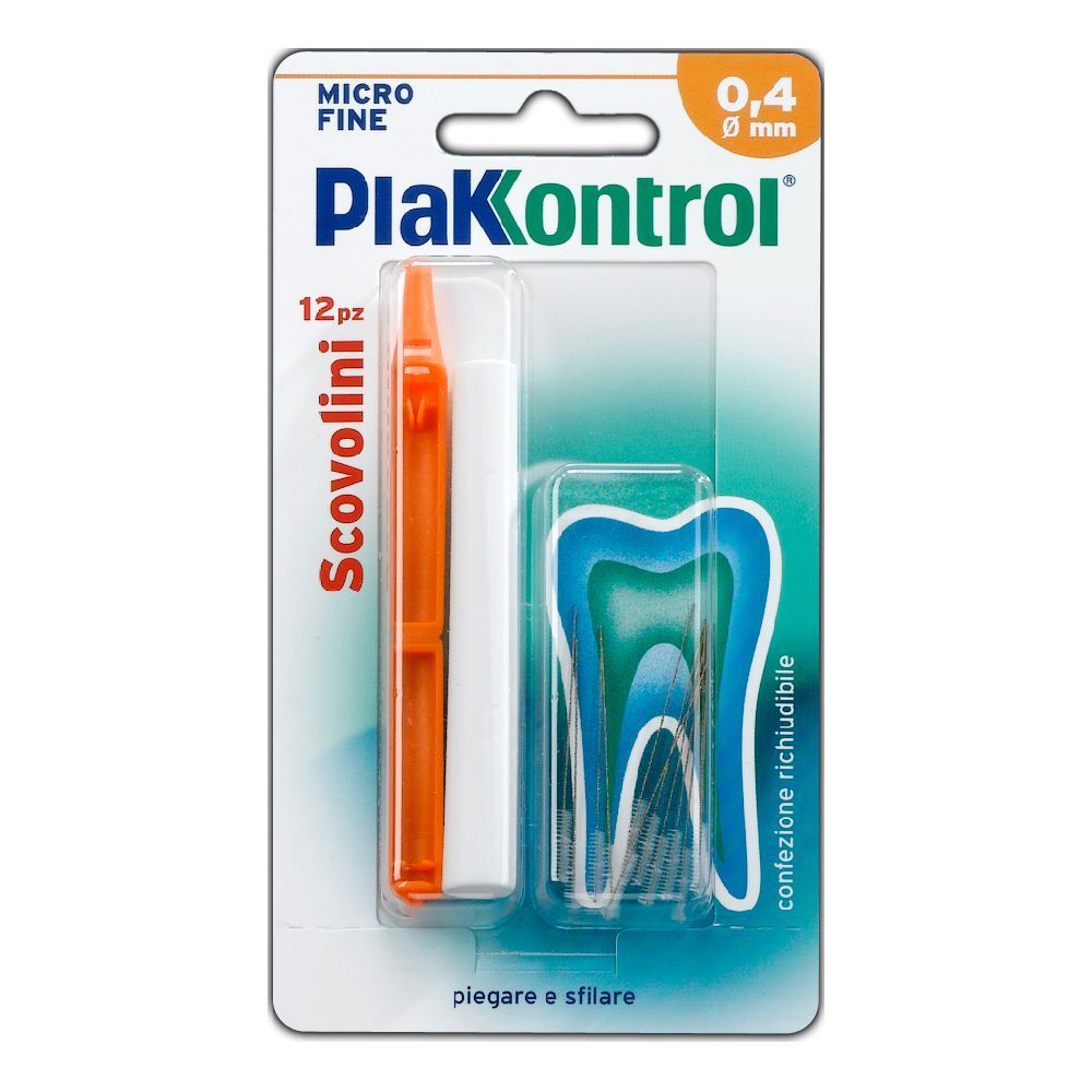 Plakkontrol Minigrip Scovolini. 12 Stück in Blisterverpackung. 0,4 mm Durchmesser. Orange-weiße Bürsten. Zahn-Symbol.