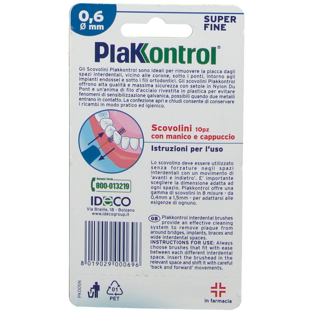 Rückseite der PlakControl Zahnbürsten-Verpackung. Textinformationen, Produktname, Durchmesser 0,6 mm, und Gebrauchsanweisung.
