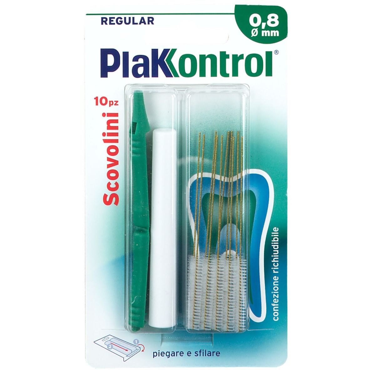 Spazzolini PlakControl® 0,8 mm, 10 pezzi, in blister. Elementi verdi e bianchi.