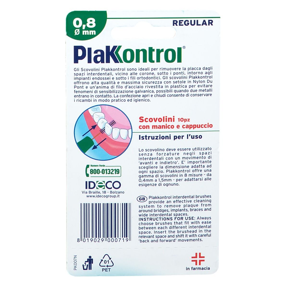 Retro della confezione degli spazzolini PlakControl®. Testo in tedesco e italiano. Illustrazioni.