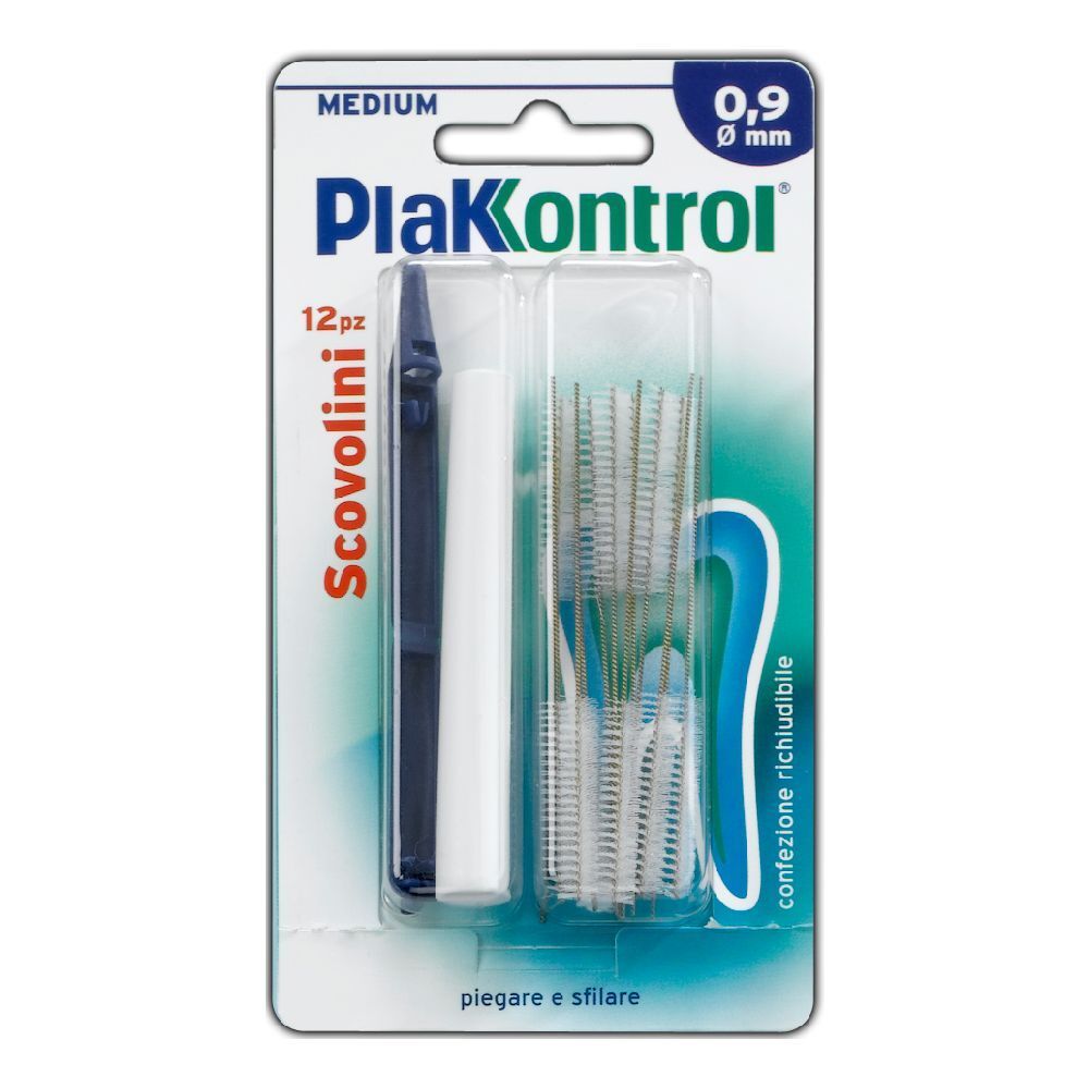 Zahnzwischenraumbürsten in Blisterverpackung. Enthält Bürsten und einen Griff. Durchmesser 0,9 mm. "PlaKontrol"-Logo.