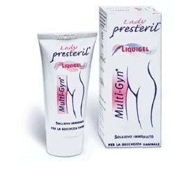 Tubo e scatola di Multi-Gyn Liquigel. Scritta: Lady Presteril. Illustrazione di una silhouette femminile.