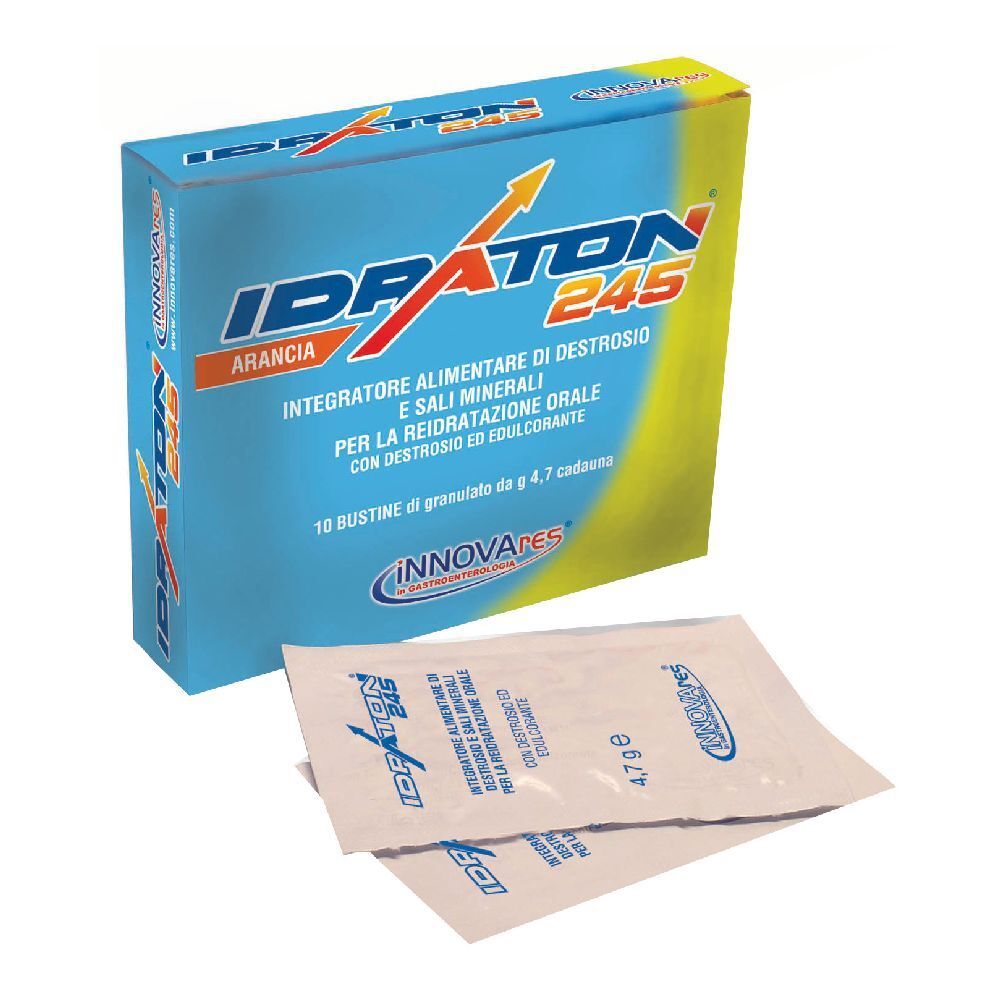 Scatola blu e gialla con nome del prodotto e due bustine. Scritto: Idraton 245, Arancia, 10 Bustine.