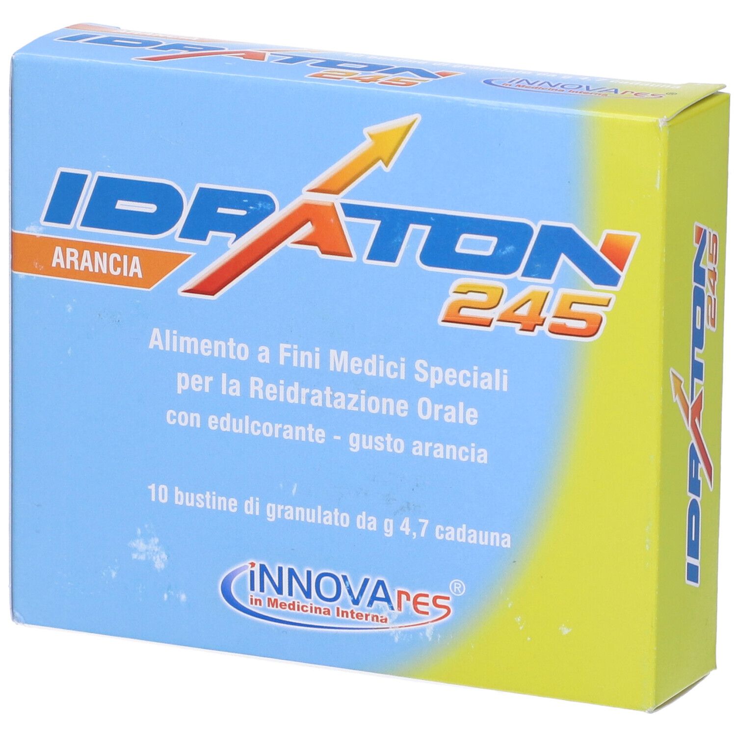 Scatola blu e gialla con nome del prodotto e testo. Scritto: Idraton 245, Arancia, 10 Bustine, Innovares.