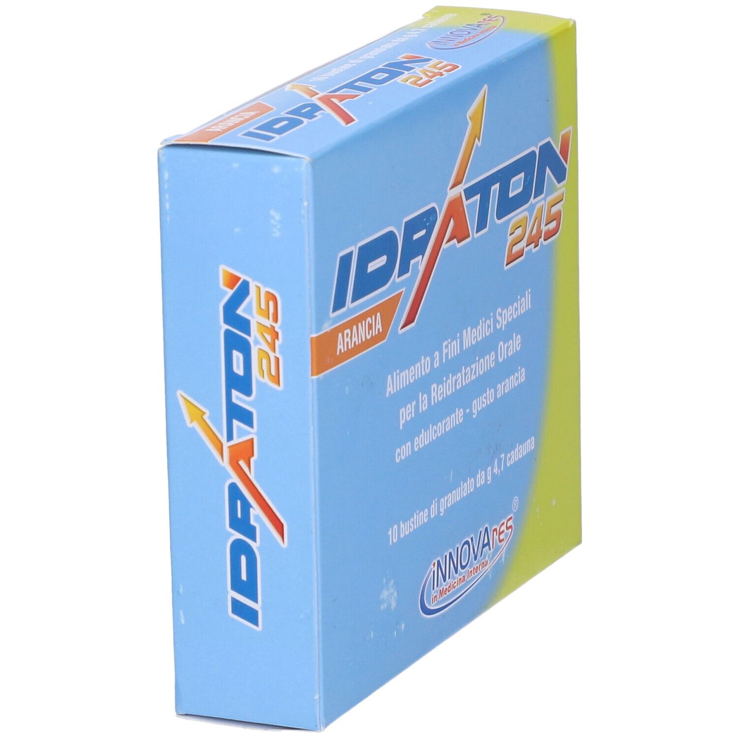 Scatola blu e gialla con nome del prodotto. Scritto: Idraton 245, Arancia, 10 Bustine, Innovares. Scatola obliqua.