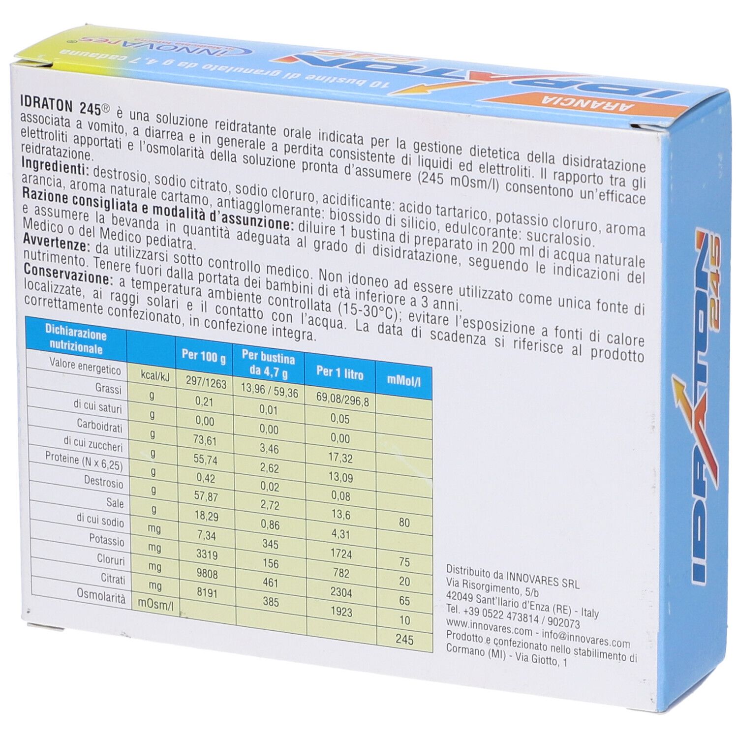 Retro della scatola blu e gialla. Testo e tabella nutrizionale. Scritto: Idraton 245, Arancia, Innovares.