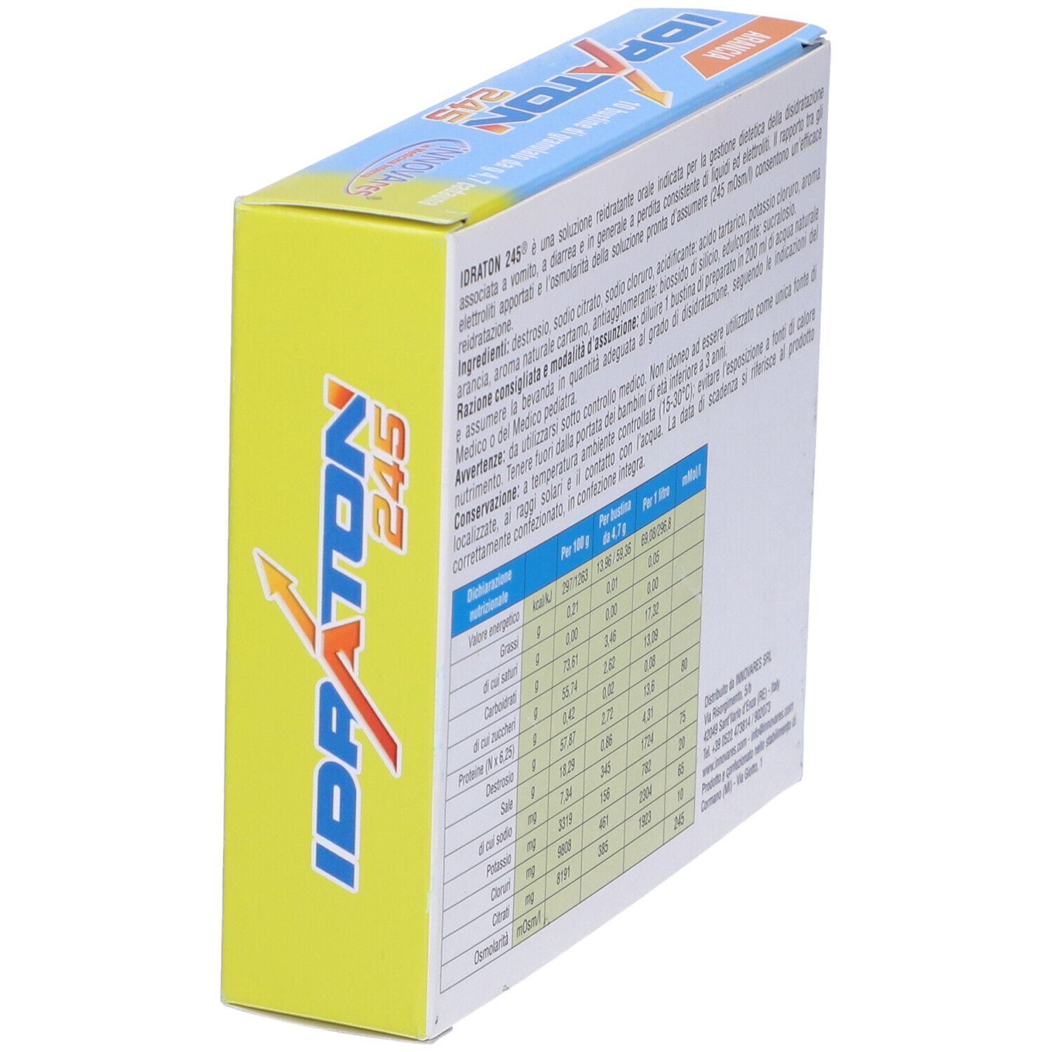 Scatola obliqua. Testo e tabella nutrizionale. Scritto: Idraton 245, Arancia, Innovares.