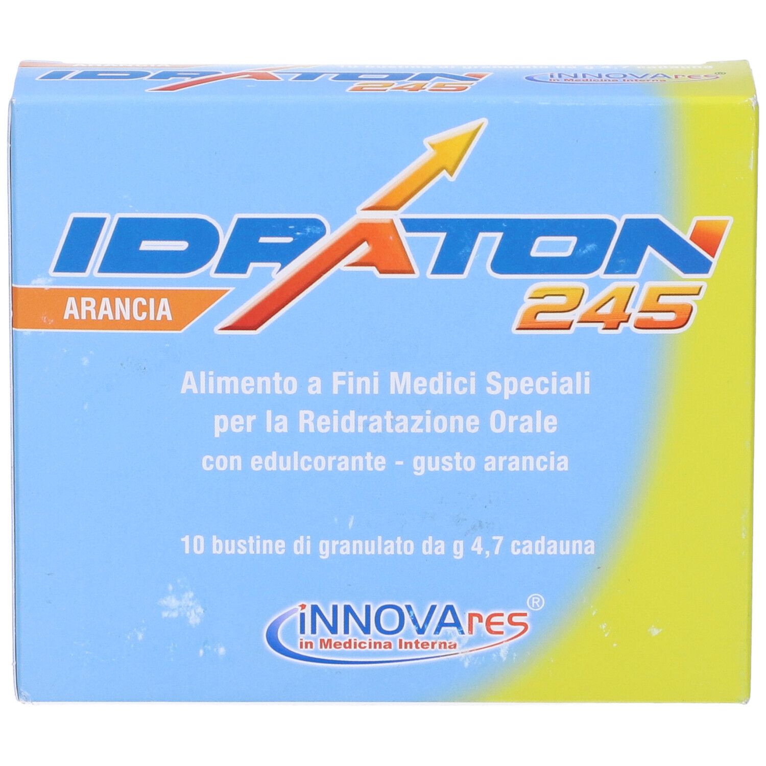Scatola blu e gialla con nome del prodotto. Scritto: Idraton 245, Arancia, 10 Bustine, Innovares.