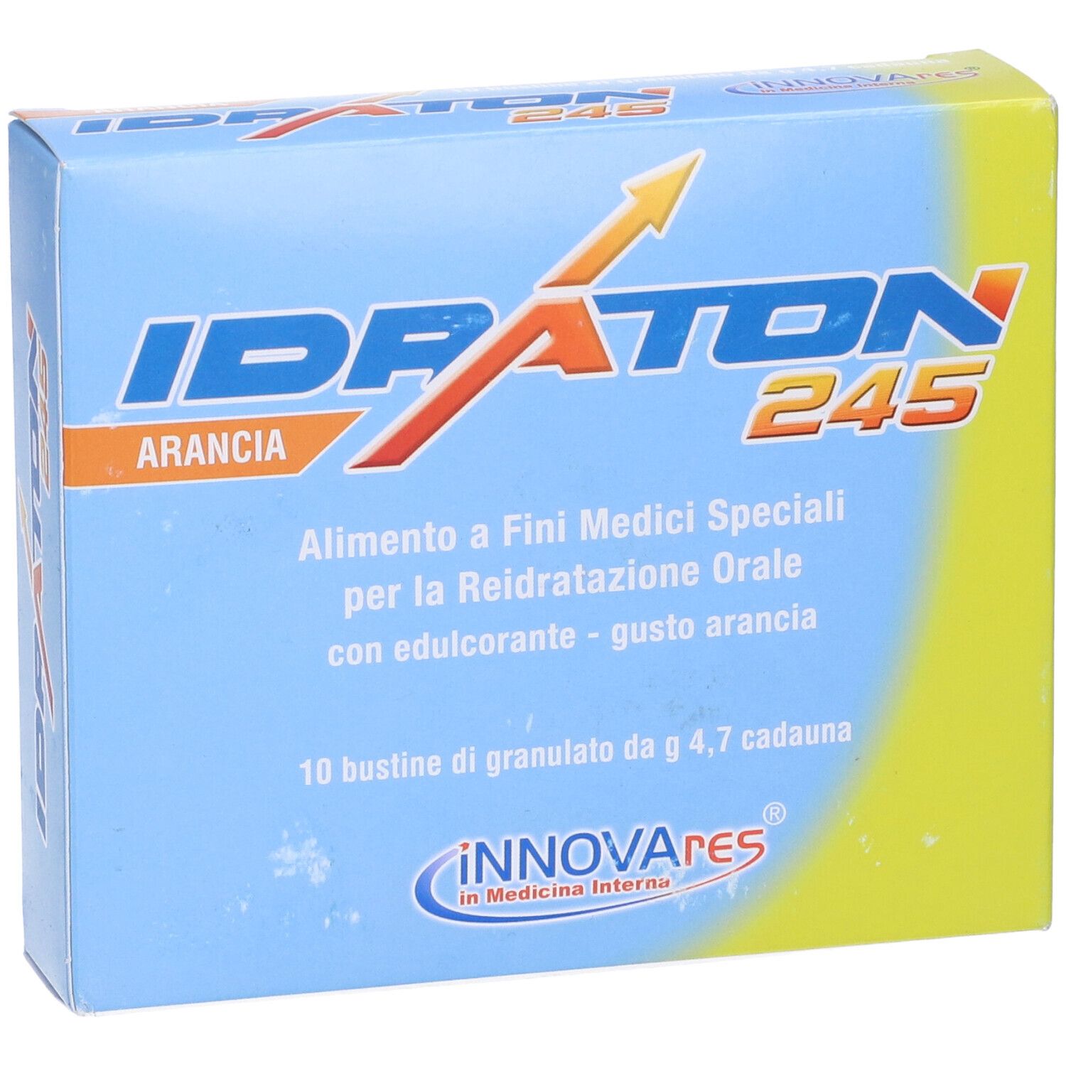 Scatola blu e gialla con nome del prodotto. Scritto: Idraton 245, Arancia, 10 Bustine, Innovares.