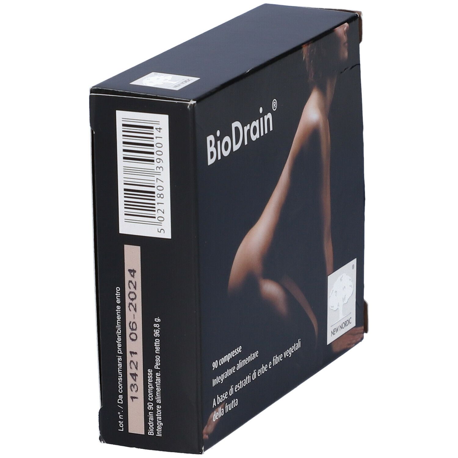 Scatola nera con nome del prodotto e immagine di donna. Testo: 90 compresse, integratore alimentare.