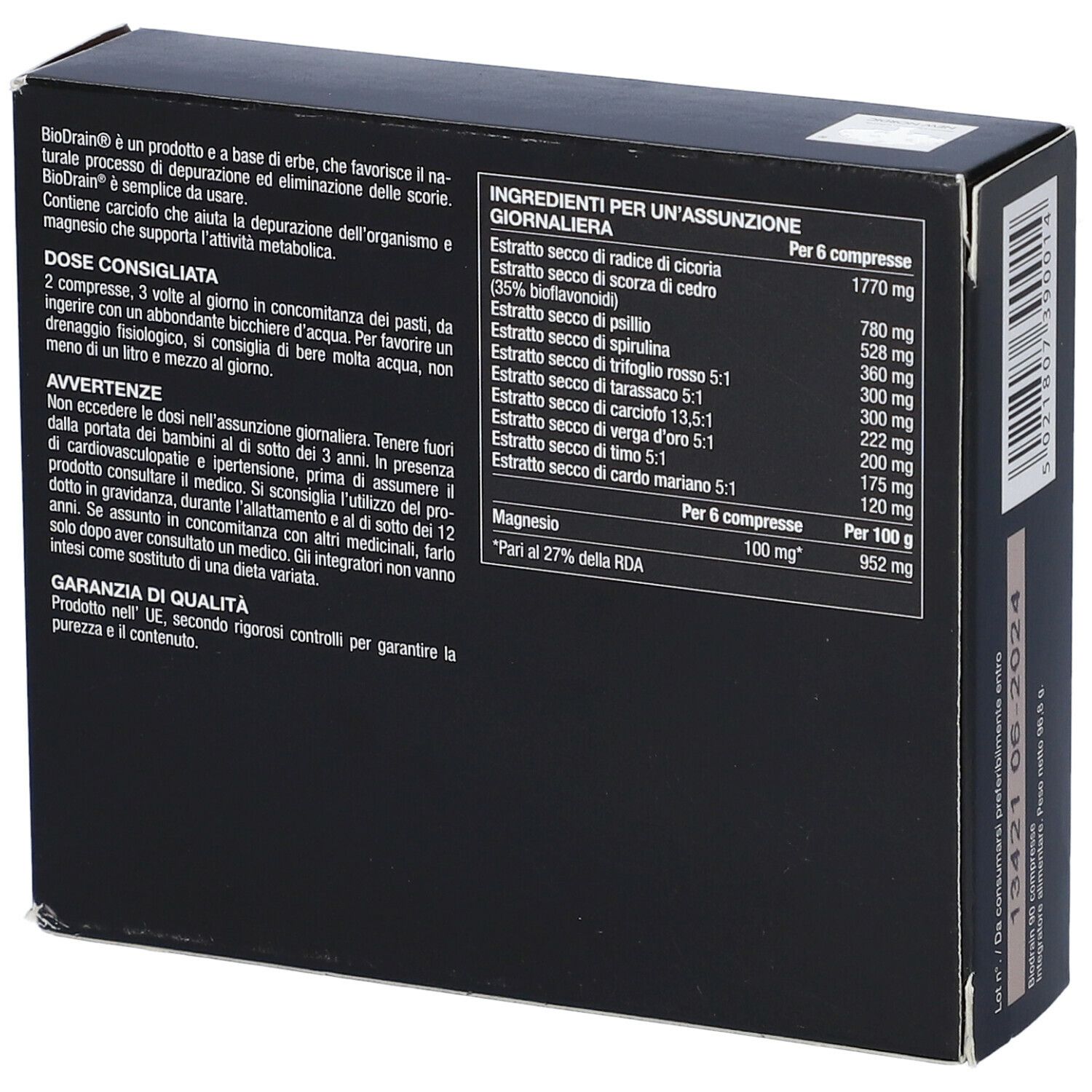 Scatola nera, retro con testo. Contiene ingredienti, dosaggio, avvertenze e garanzia di qualità.