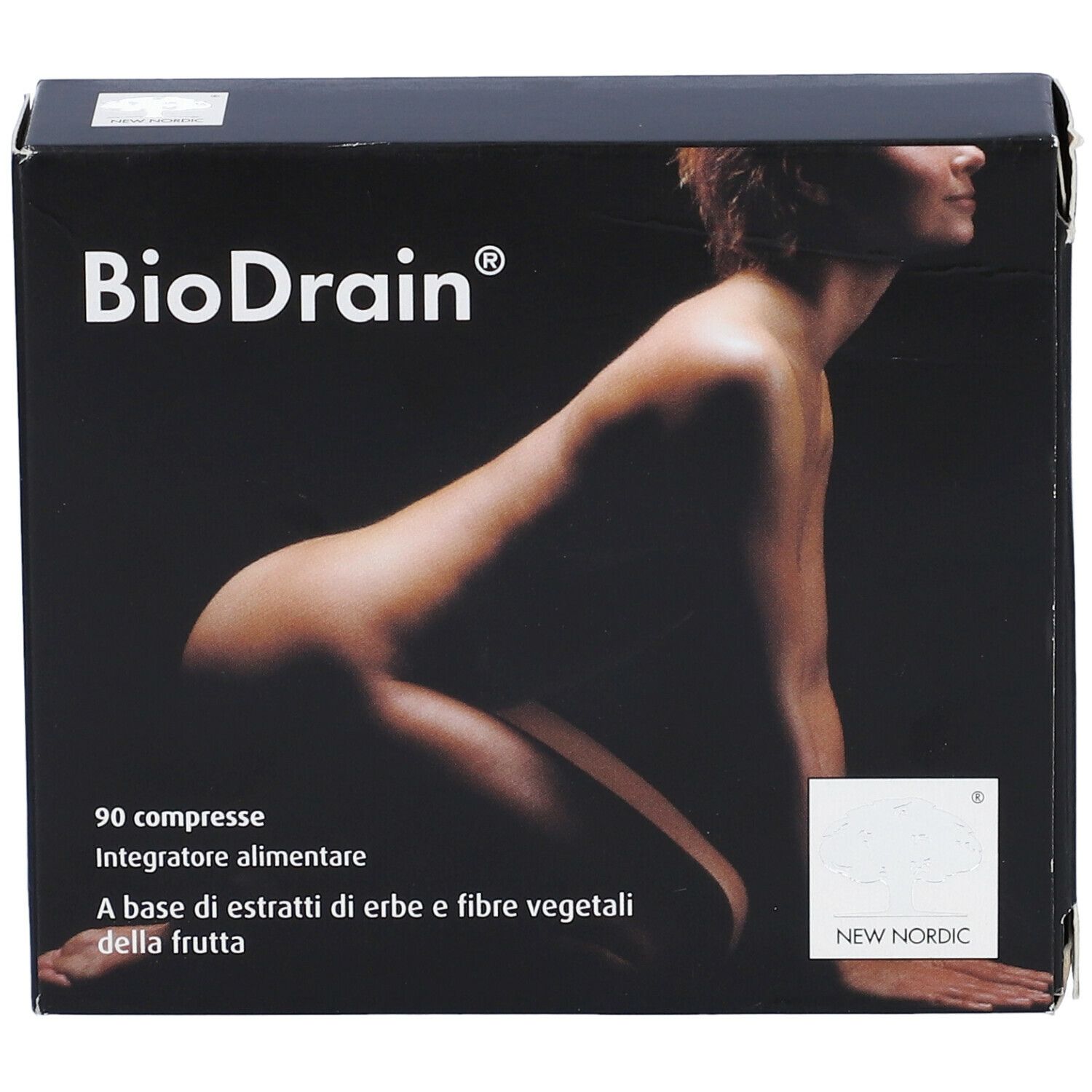 Scatola nera con nome del prodotto e immagine di donna. Testo: 90 compresse, integratore alimentare.