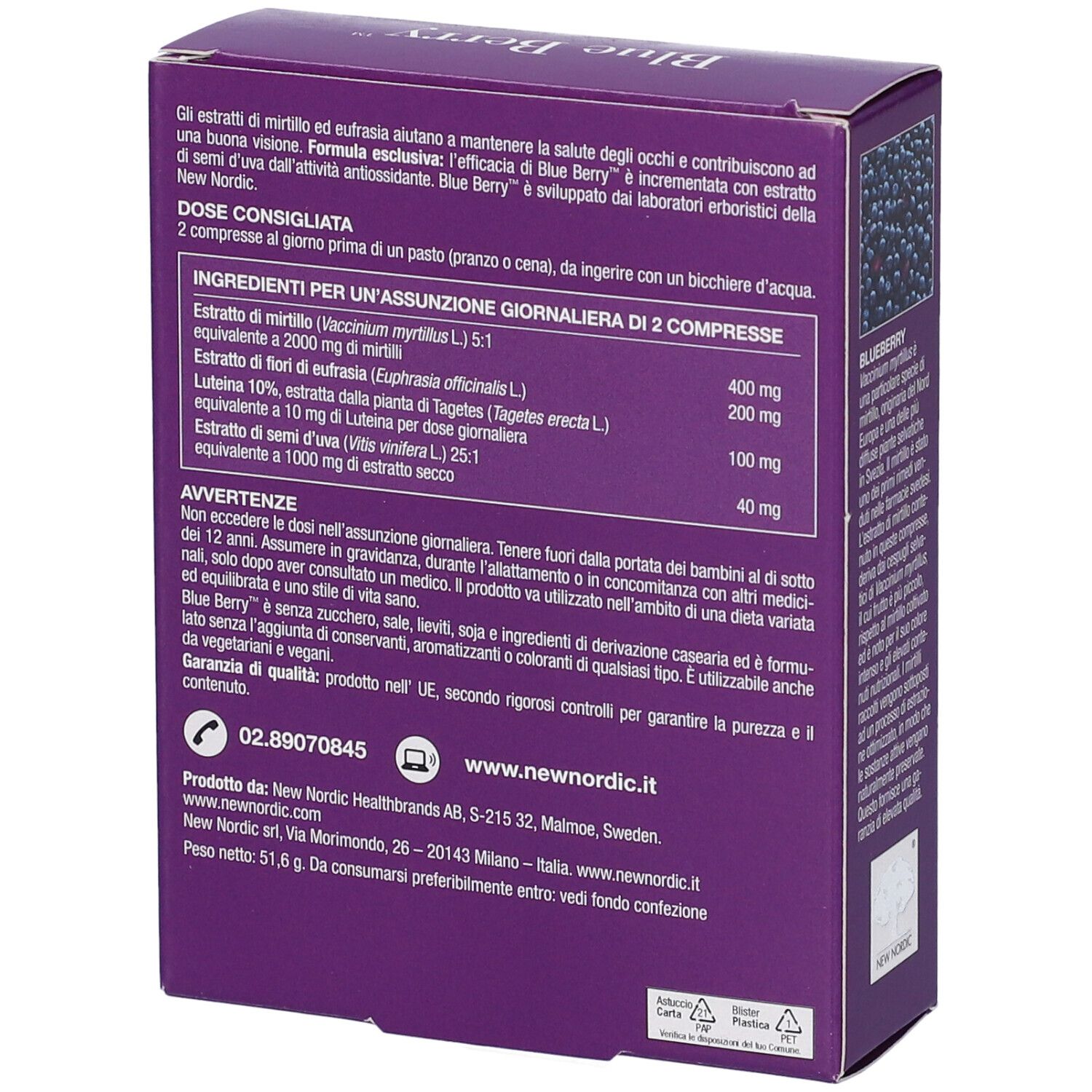 Rückseite der New Nordic Blue Berry Verpackung mit Zutatenliste und Anwendungshinweisen.