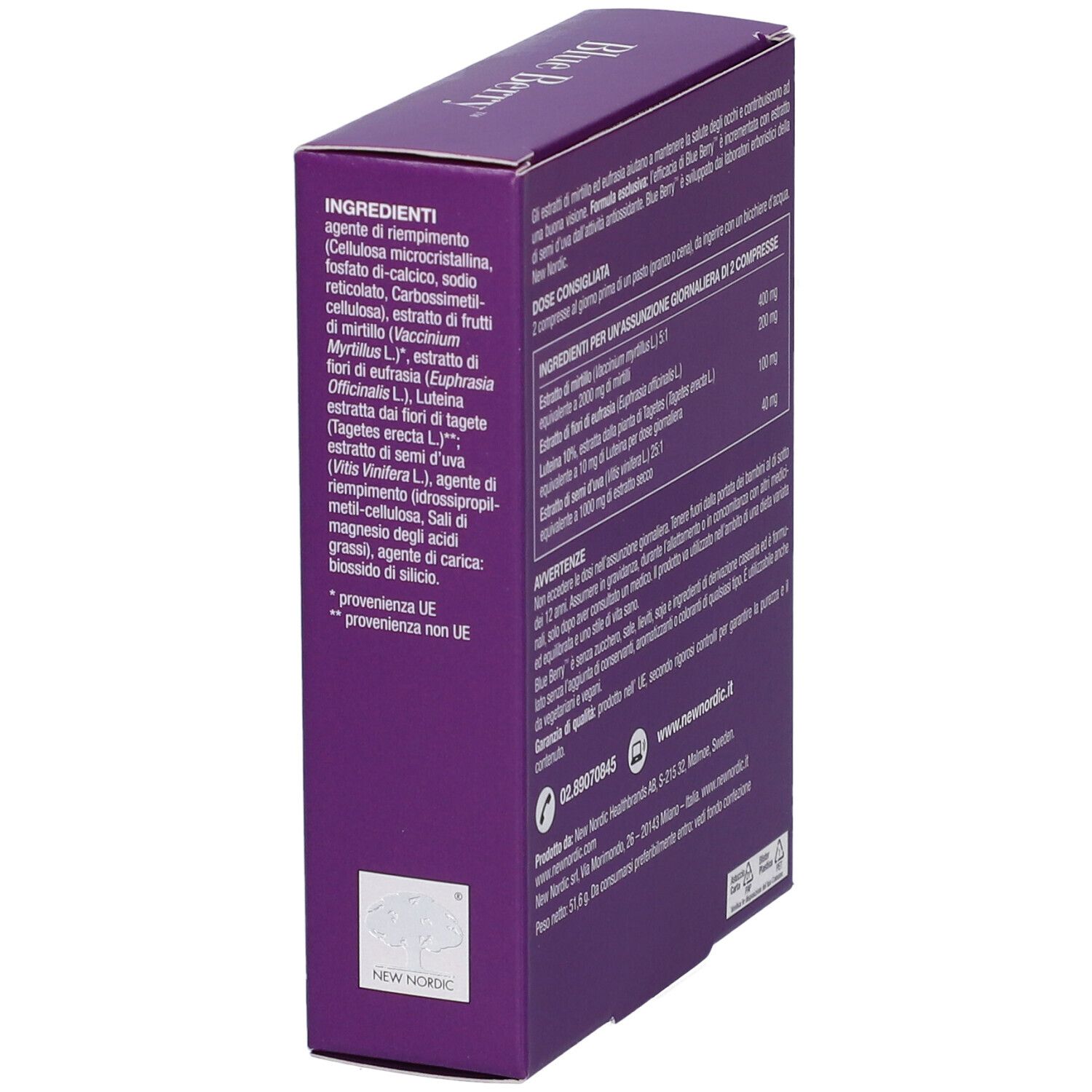 Seitenansicht der New Nordic Blue Berry Verpackung mit detaillierten Produktinformationen.