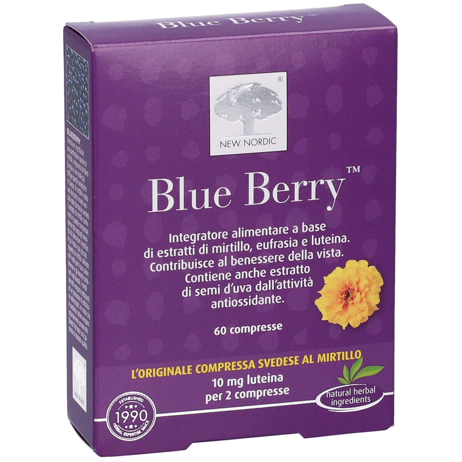 Vorderseite der New Nordic Blue Berry Verpackung mit Produktnamen und Inhaltsstoffen.