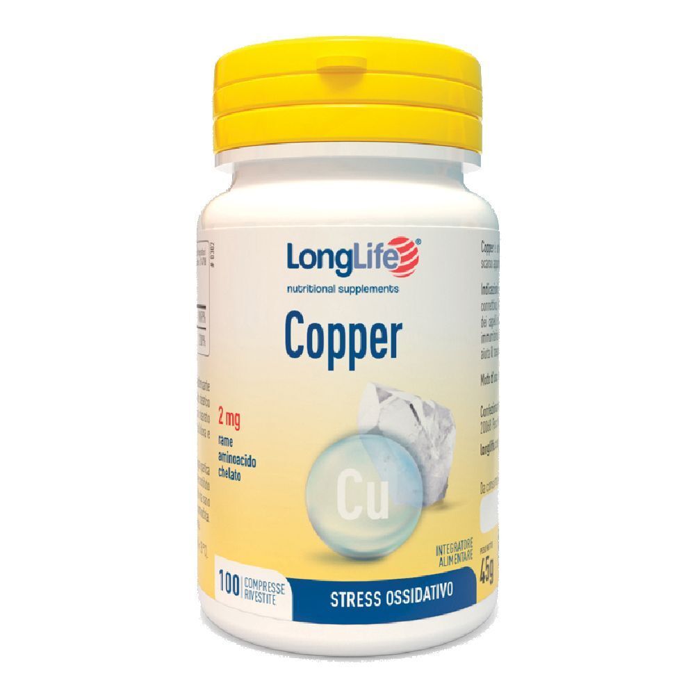 Flacone bianco con tappo giallo. Scritta 'LongLife Copper'. Contiene 100 compresse. Indicazione 'Stress ossidativo'.