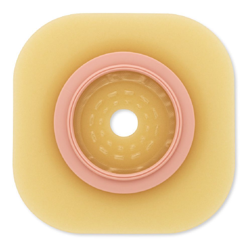 Base quadrata beige con anello rosa e foro centrale. Superficie interna giallastra perforata.