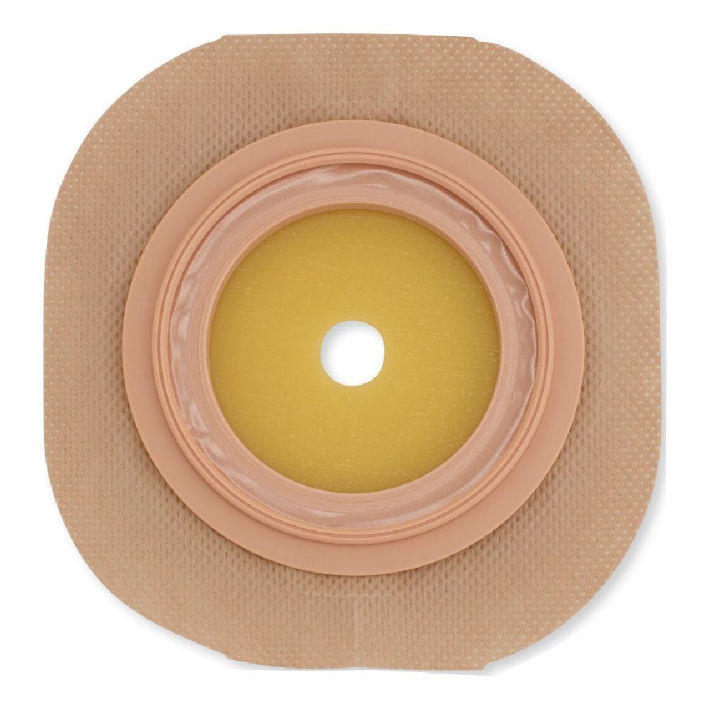 Dispositivo medico. Base beige quadrata con centro giallo e foro. Anello rosa. Forma piatta e quadrata.
