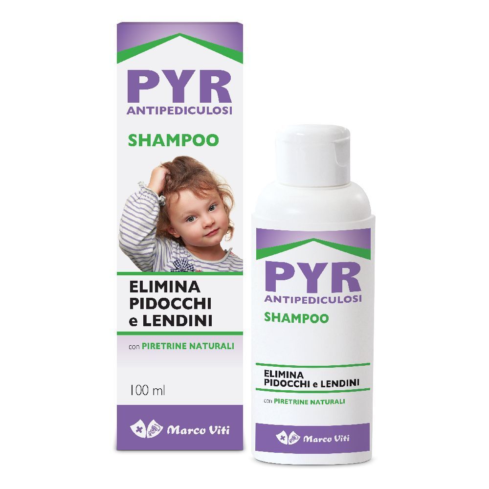 Confezione e flacone di shampoo. Scritta: PYR, antipediculosi, shampoo. Immagine di un bambino. Testo: Elimina pidocchi e lendini.