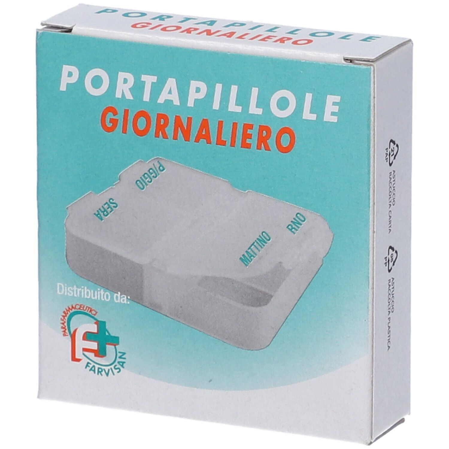 Scatola con scritta Portapillole Giornaliero. Portapillole interno con scomparti per l'assunzione.