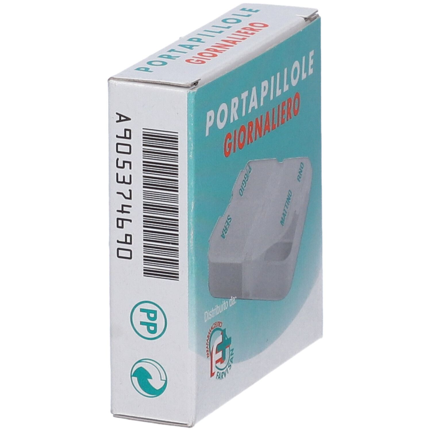 Scatola con scritta Portapillole Giornaliero. Codice a barre e simboli di riciclo sul lato.