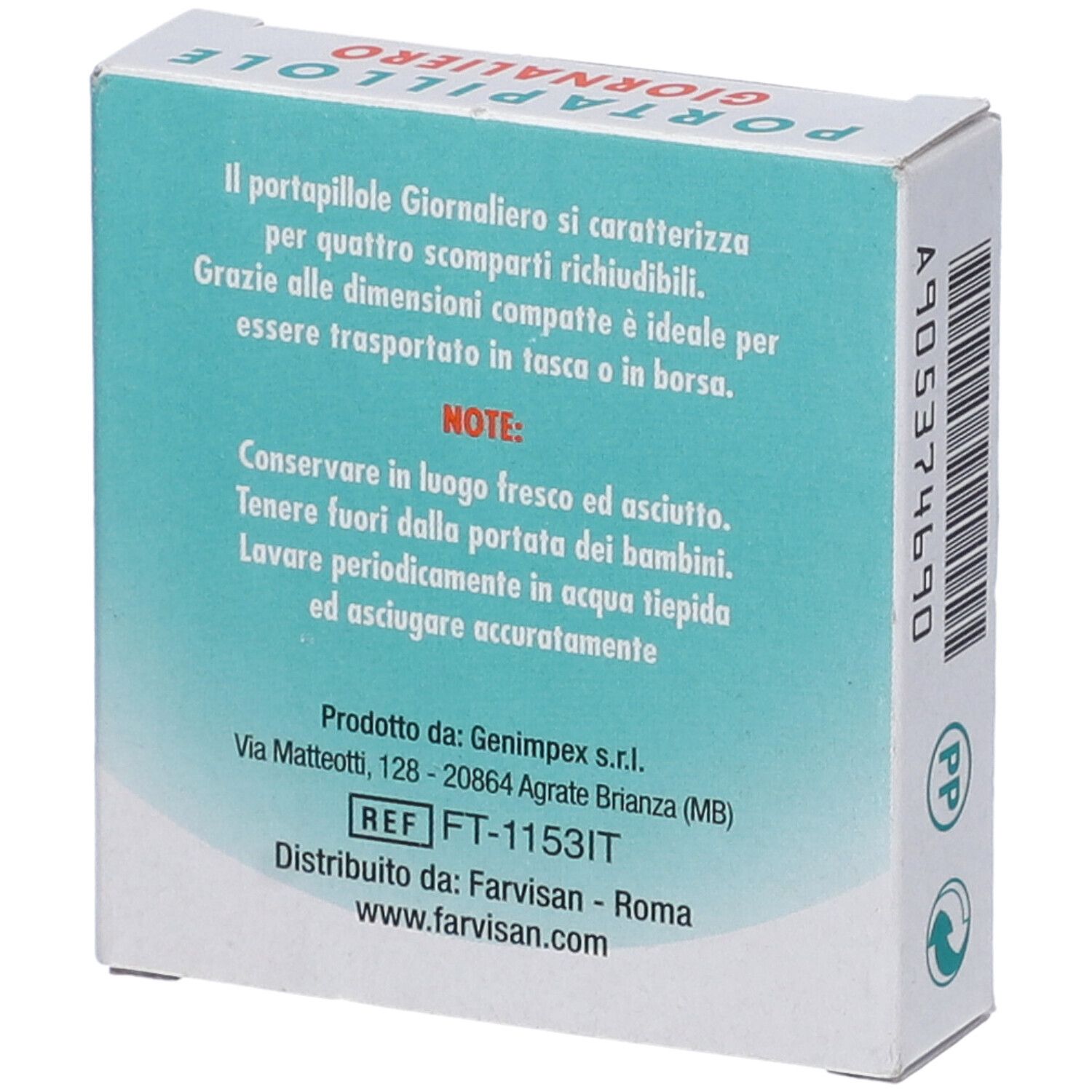 Retro della scatola con testo. Informazioni sul prodotto e indirizzo del produttore indicati.