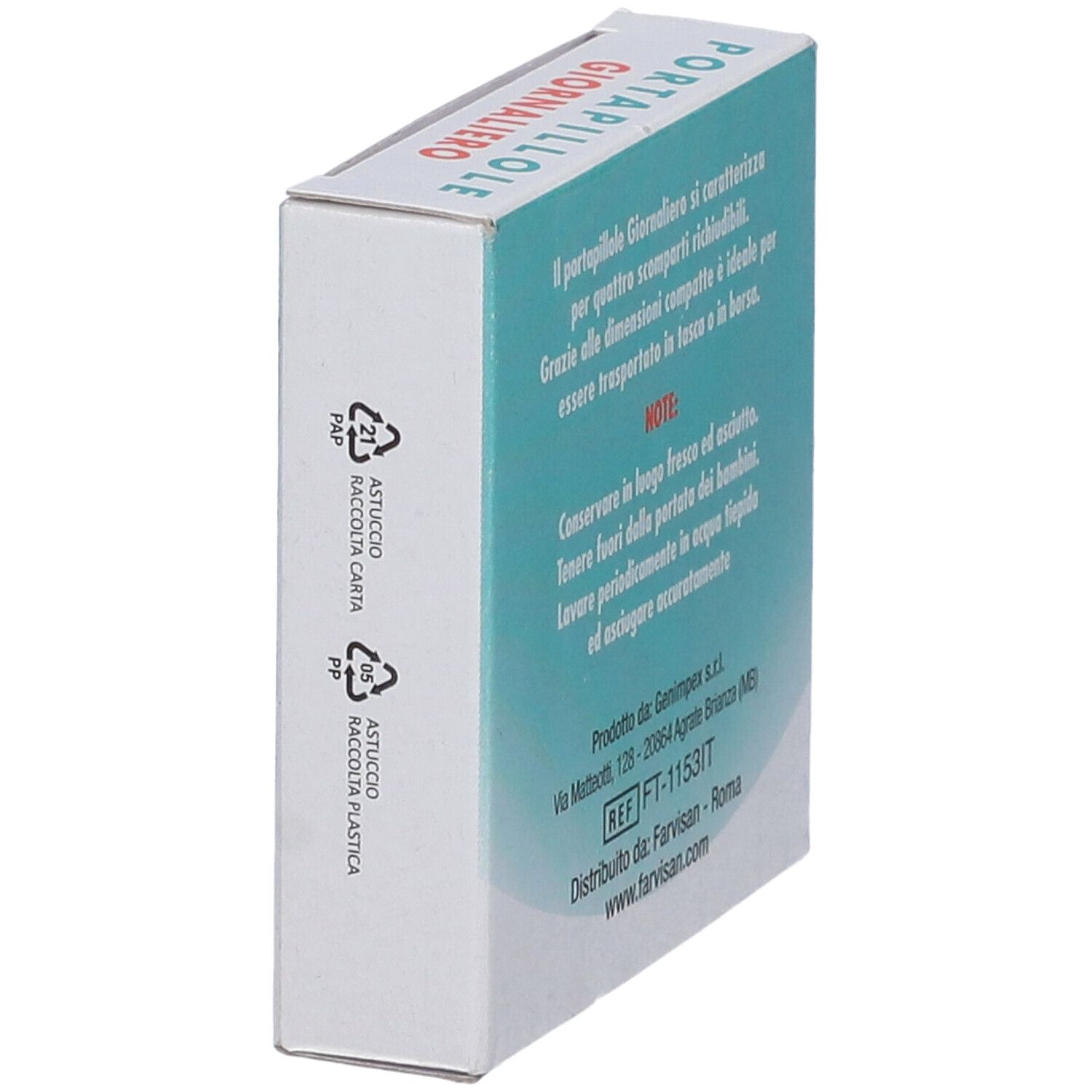 Scatola con testo e simboli di riciclo. Informazioni sul prodotto e indirizzo del produttore.