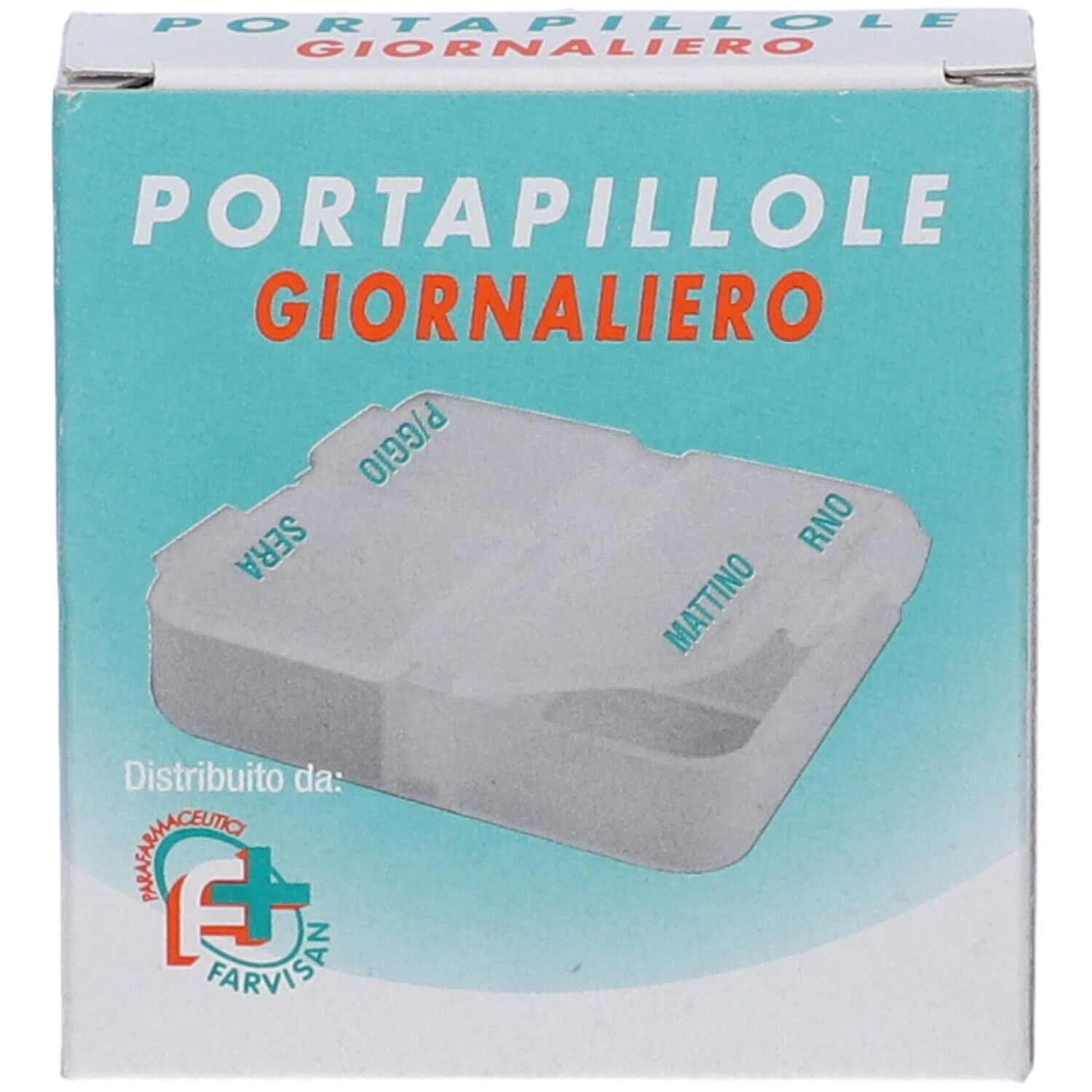 Scatola con scritta Portapillole Giornaliero. Portapillole interno con scomparti per l'assunzione.