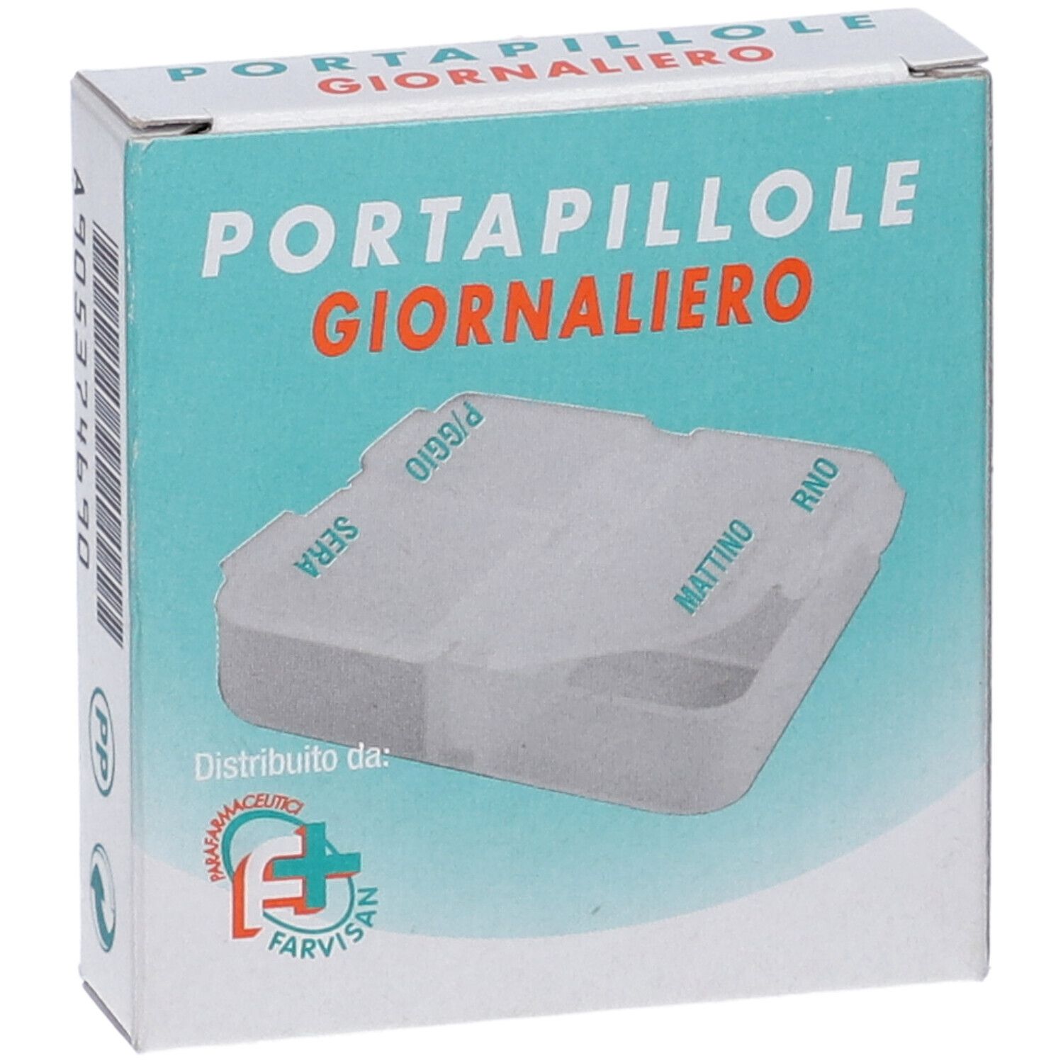 Scatola con scritta Portapillole Giornaliero. Portapillole interno con scomparti per l'assunzione.